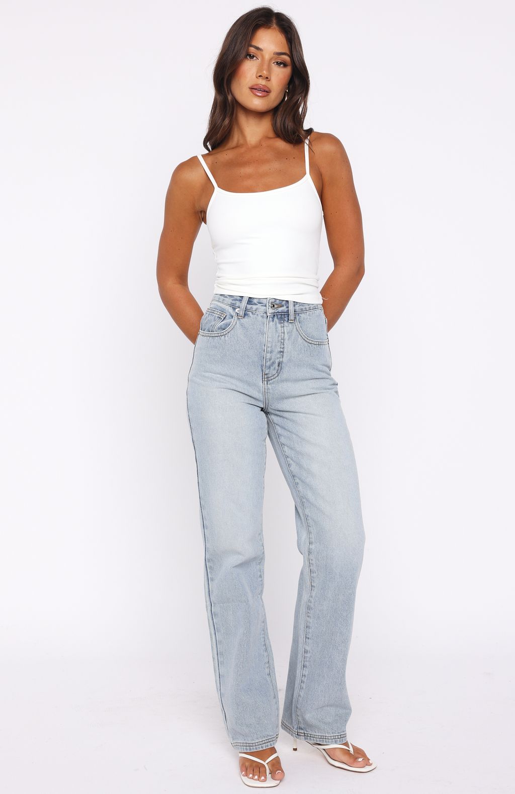 White Fox Alyssa High Rise Straight Leg Jeans Light Blue Wash