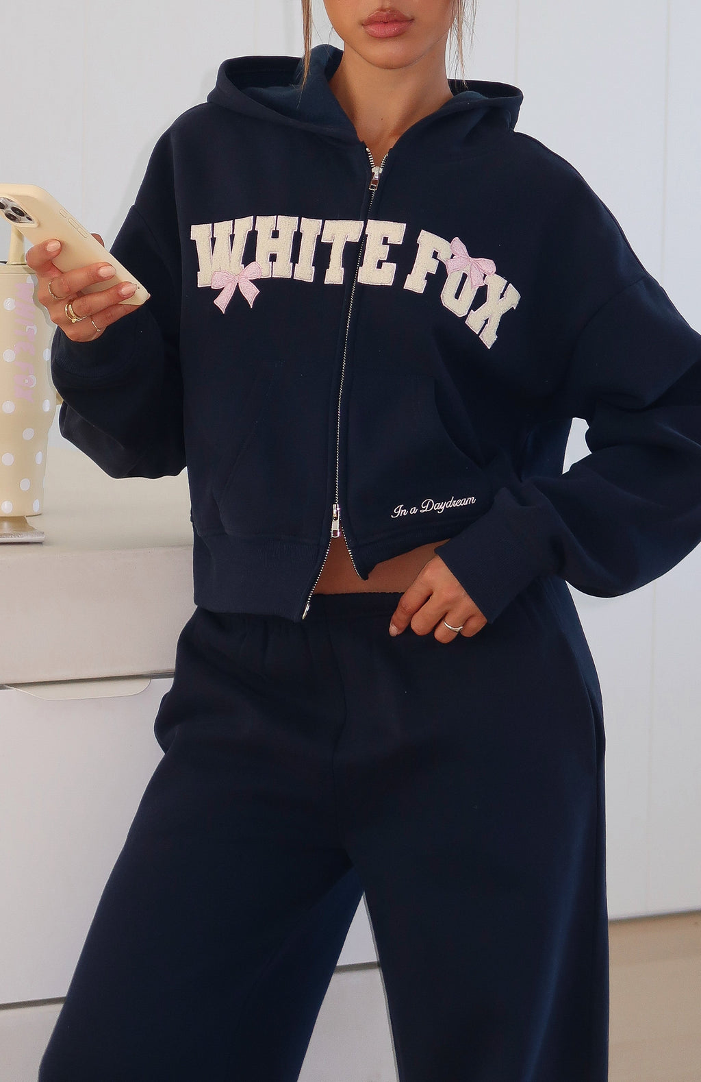 White Fox Daydreamers Madeline Boxy Zip Front Hoodie Navy