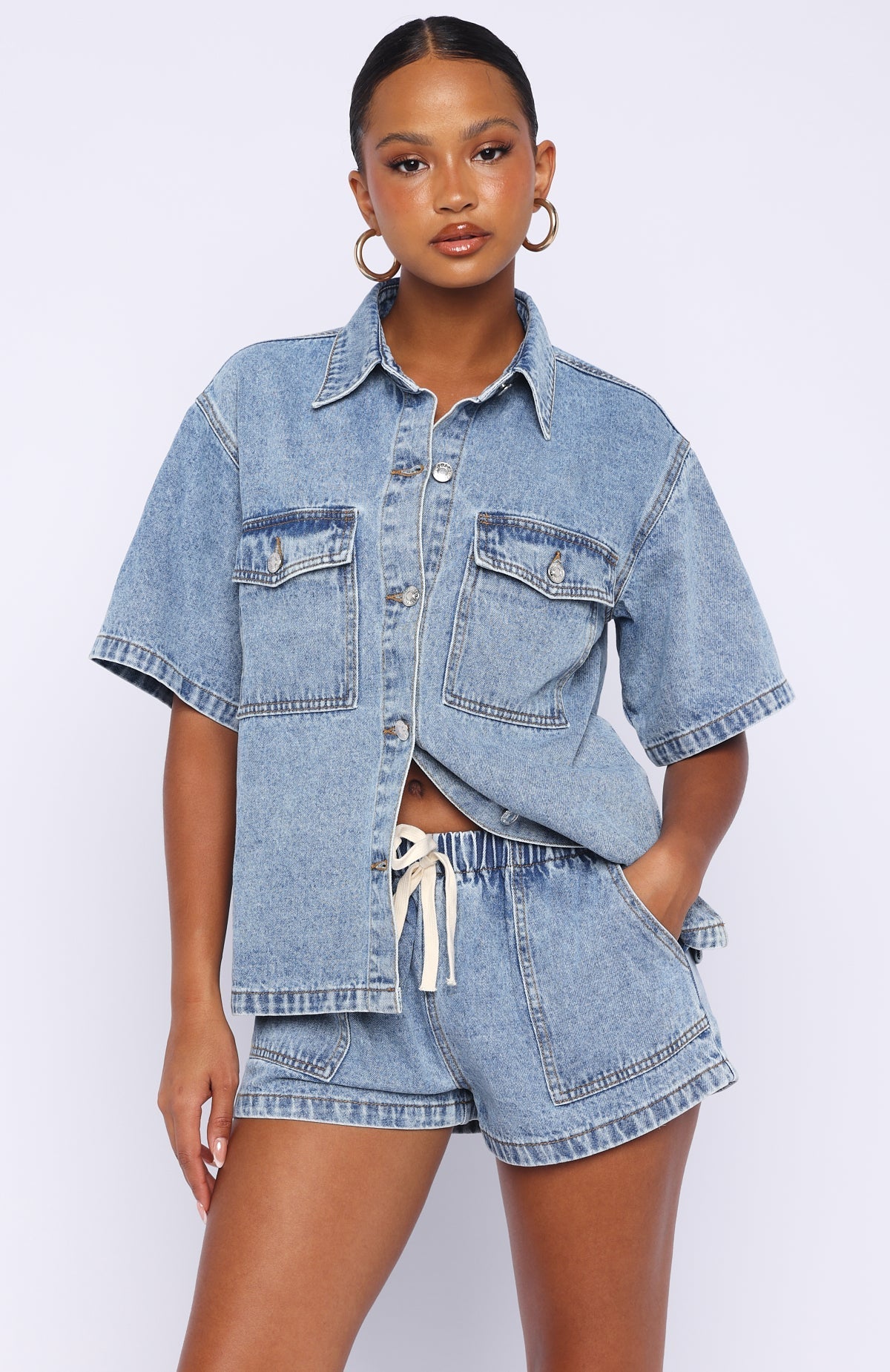 White Fox Denim Daydream Button Up Shirt Mid Blue