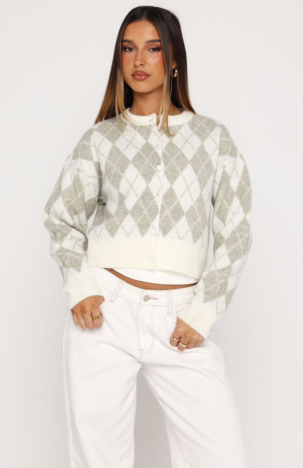 White Fox Beaufort Argyle Knit Cardigan Sage/Cream