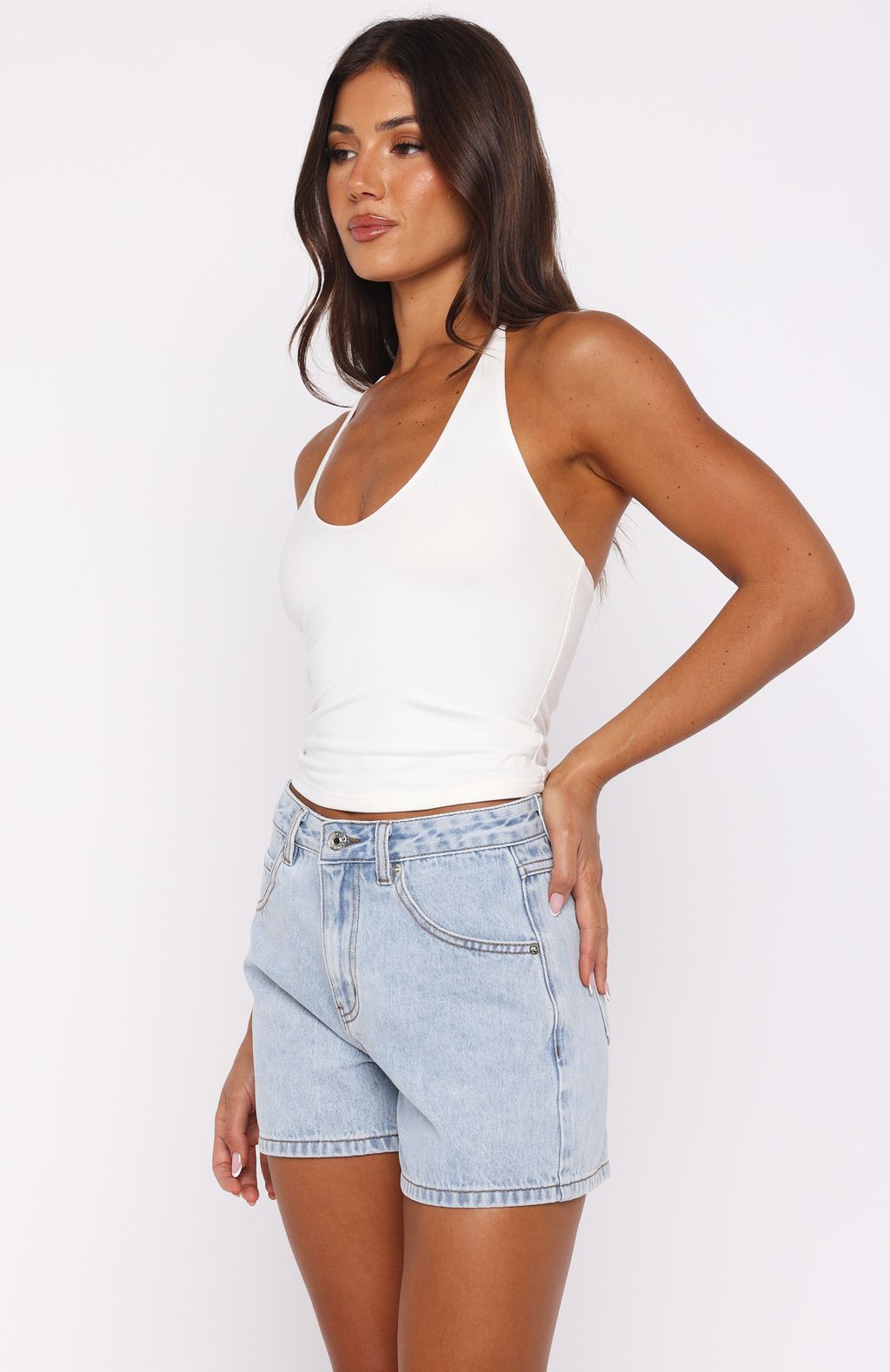 White Fox Maddy High Rise Denim Shorts Mid Blue
