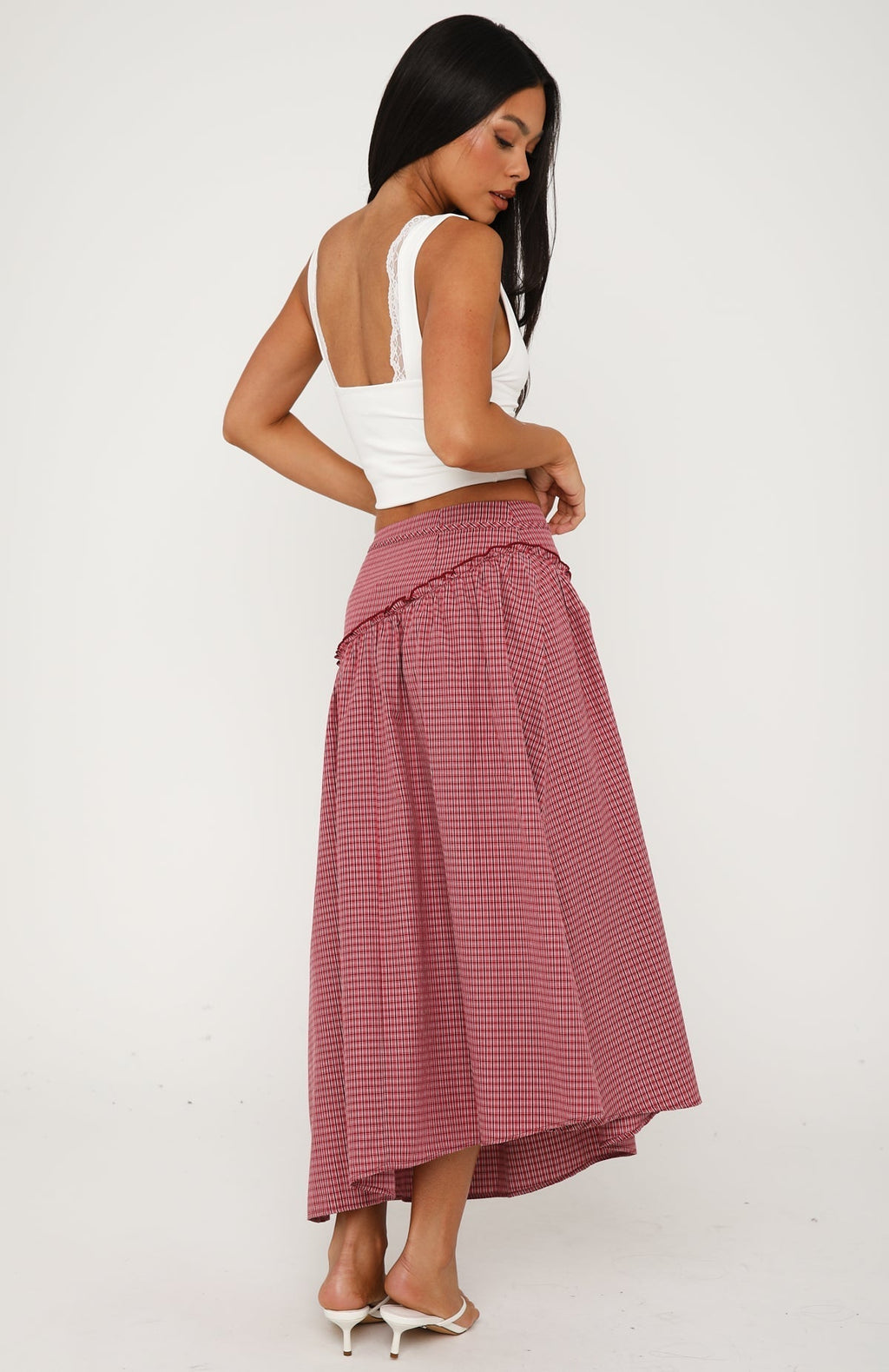 White Fox Feeling Groovy Maxi Skirt Red Gingham