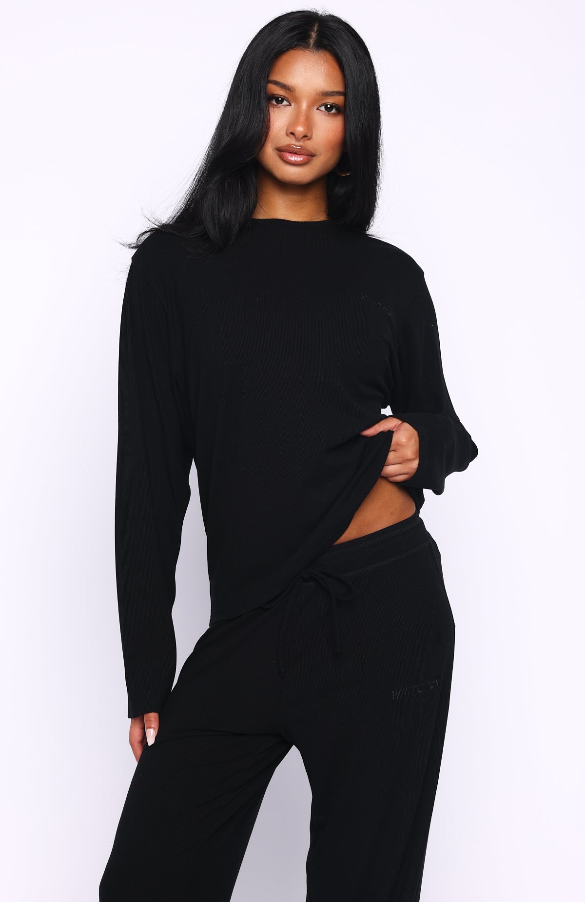 White Fox Come A Long Way Soft Lounge Long Sleeve Ribbed Tee Black