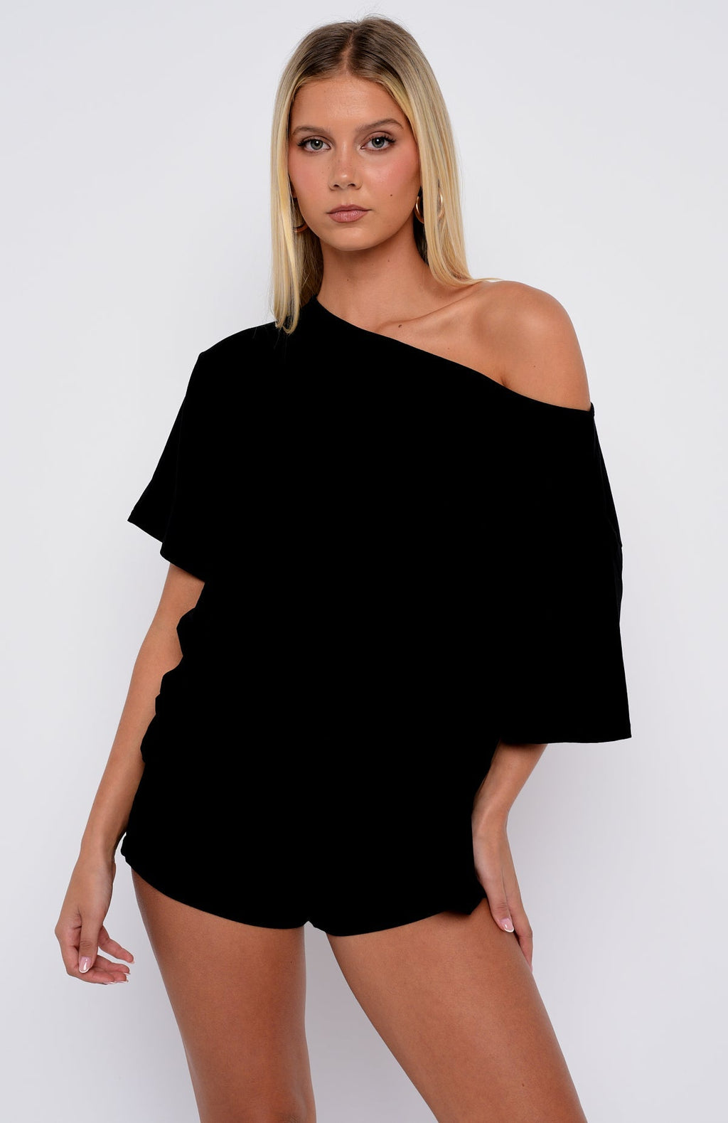 White Fox Slow Life Off Shoulder Oversized Pyjama Tee Black