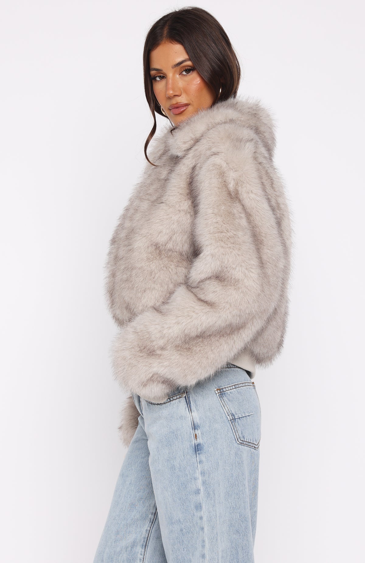 White Fox Glacial Chic Faux Fur Bomber Jacket Smokey Taupe
