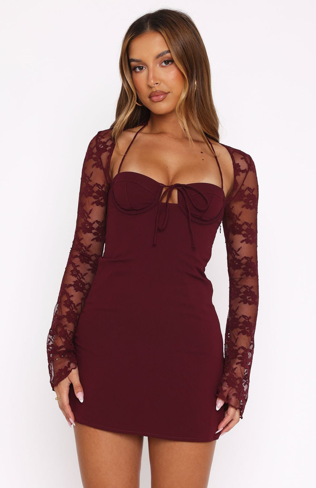 White Fox Won't Hide Long Sleeve Mini Dress Wine