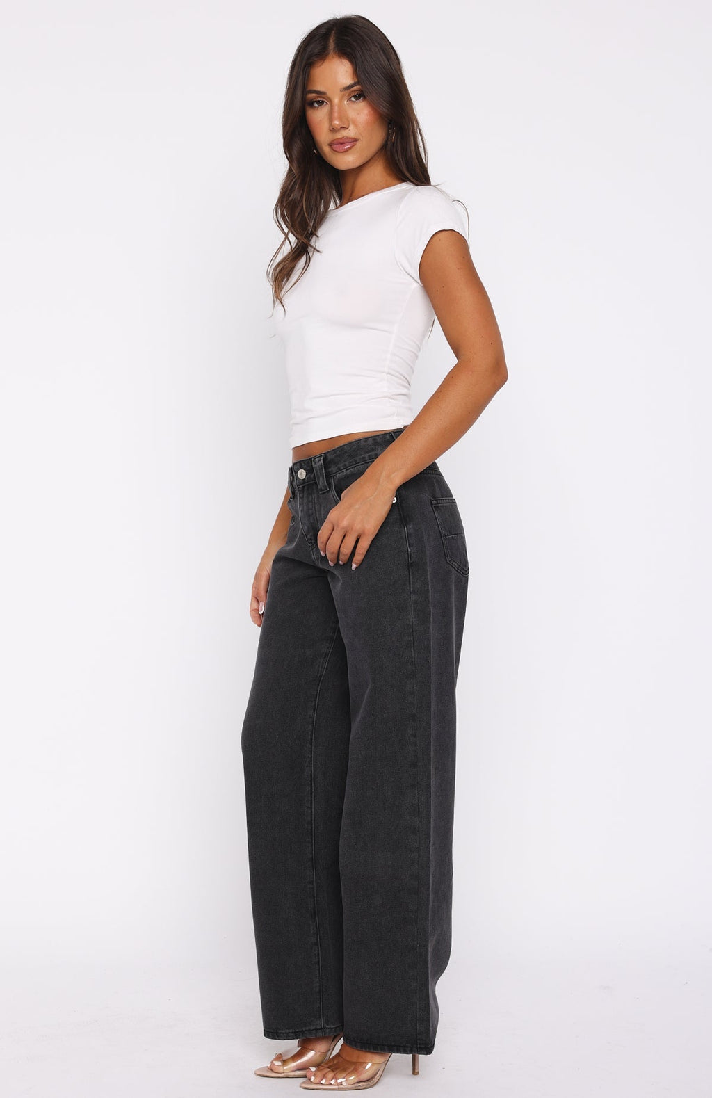 White Fox Clarissa Low Rise Wide Leg Jeans Black Acid