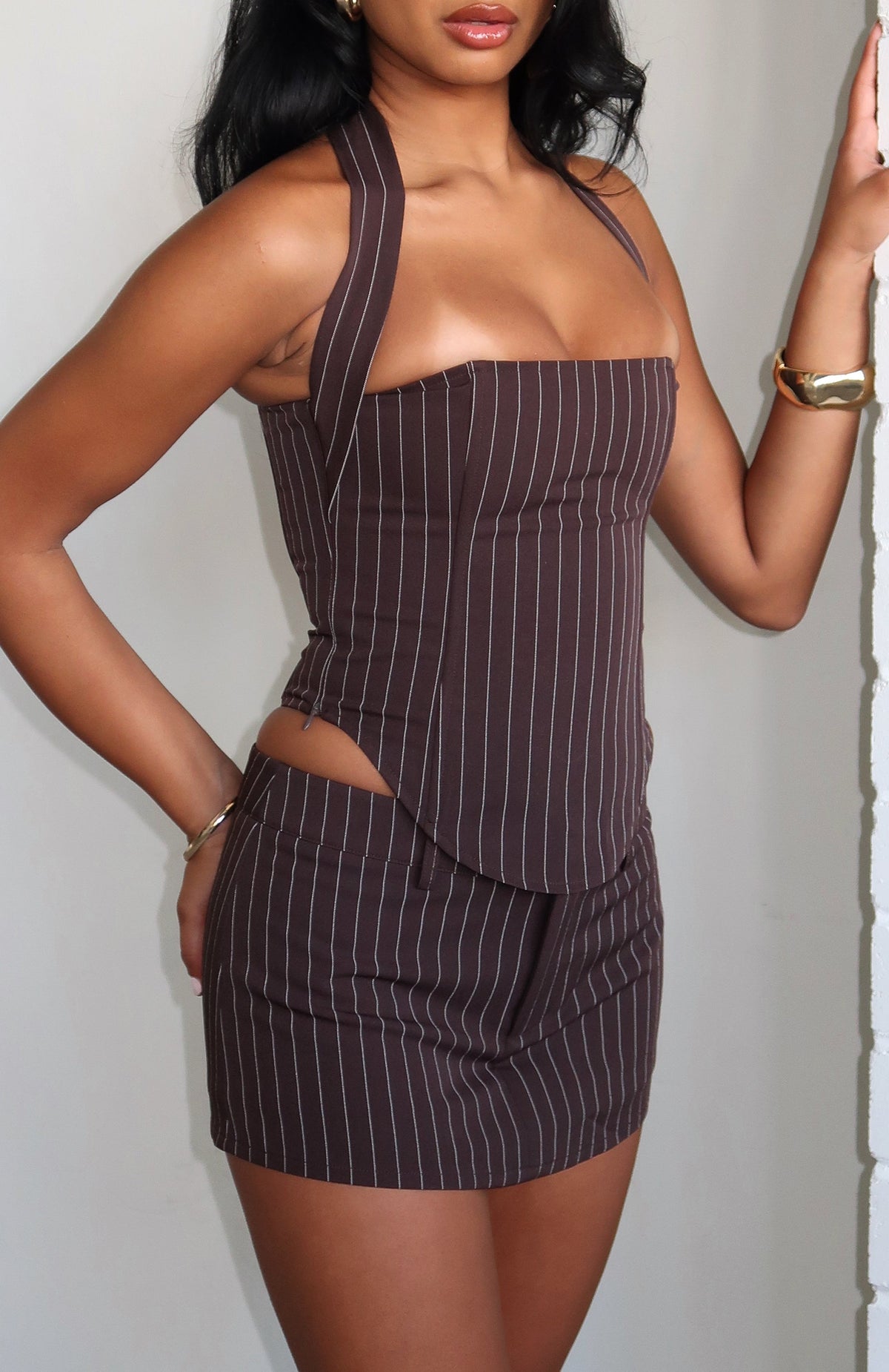 White Fox Back To Business Mini Skort Chocolate Pinstripe
