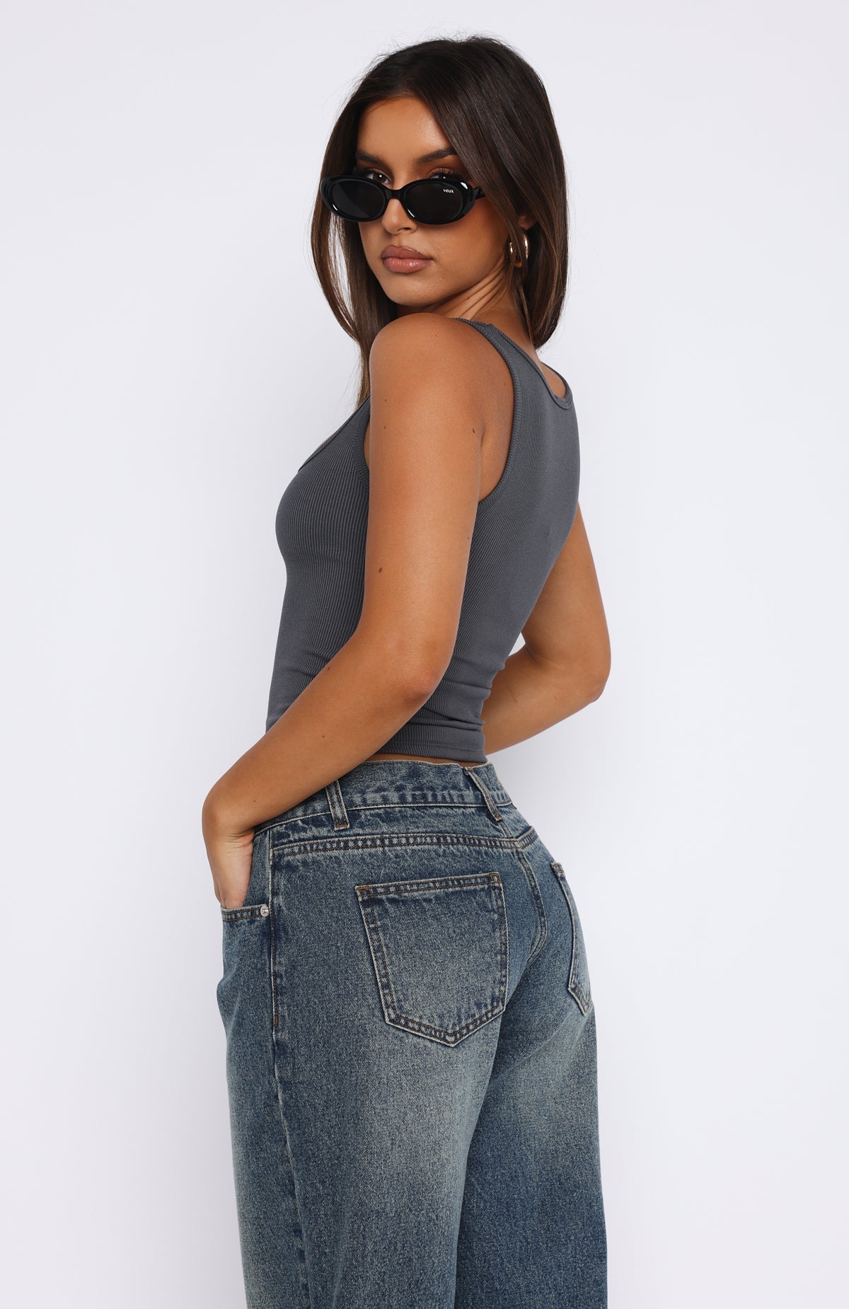 White Fox Let Me Adore You Ribbed Tank Top Charcoal