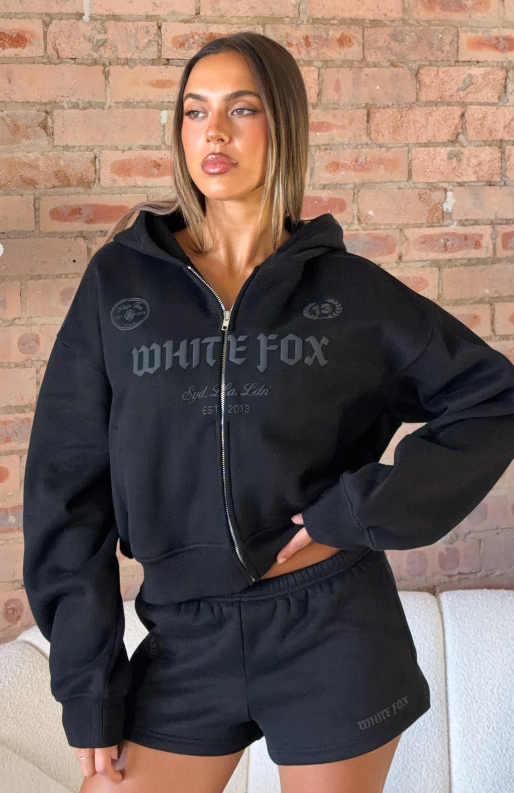 White Fox Vibe Too High Boxy Zip Front Hoodie Black
