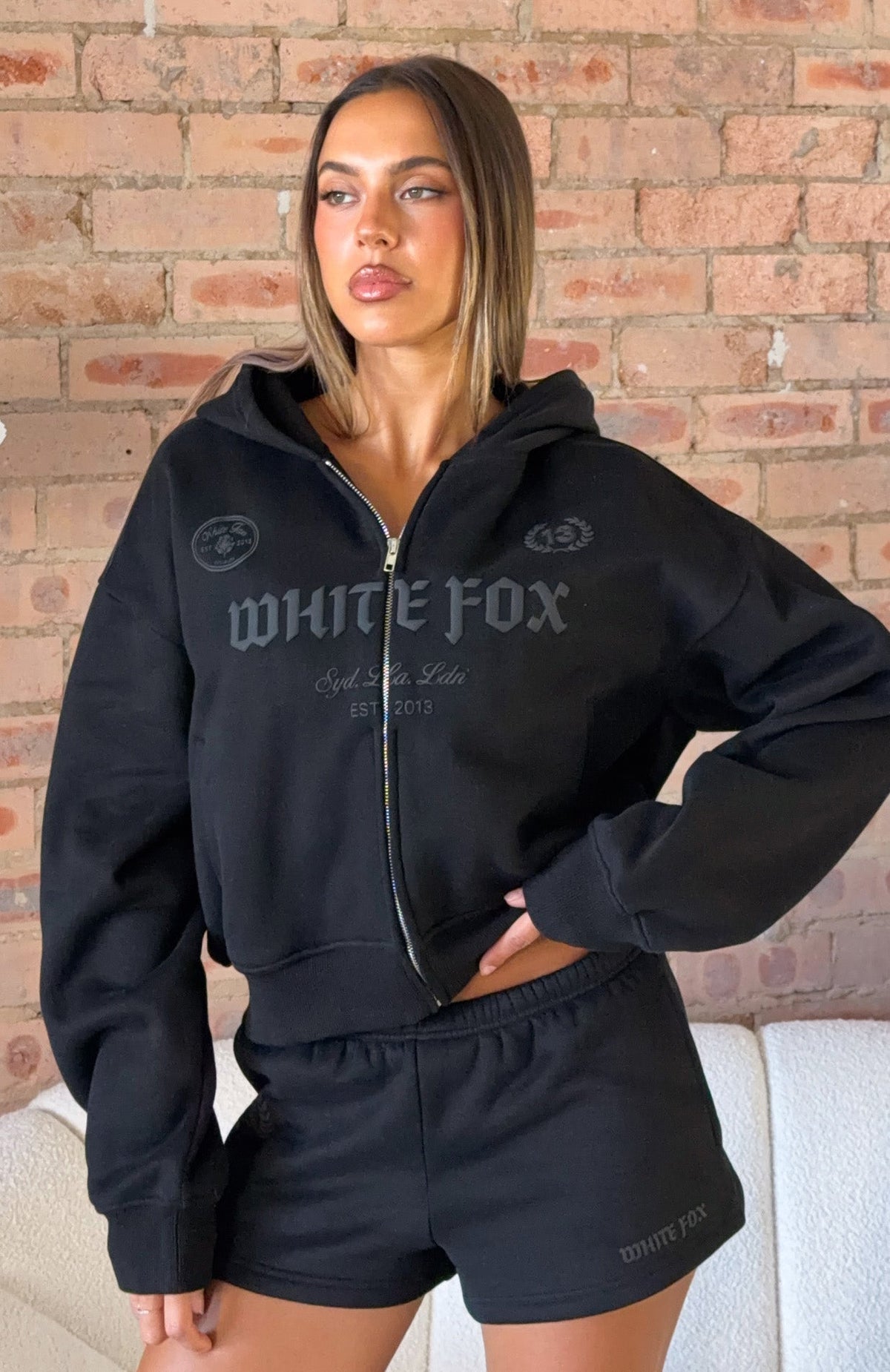 White Fox Vibe Too High Boxy Zip Front Hoodie Black