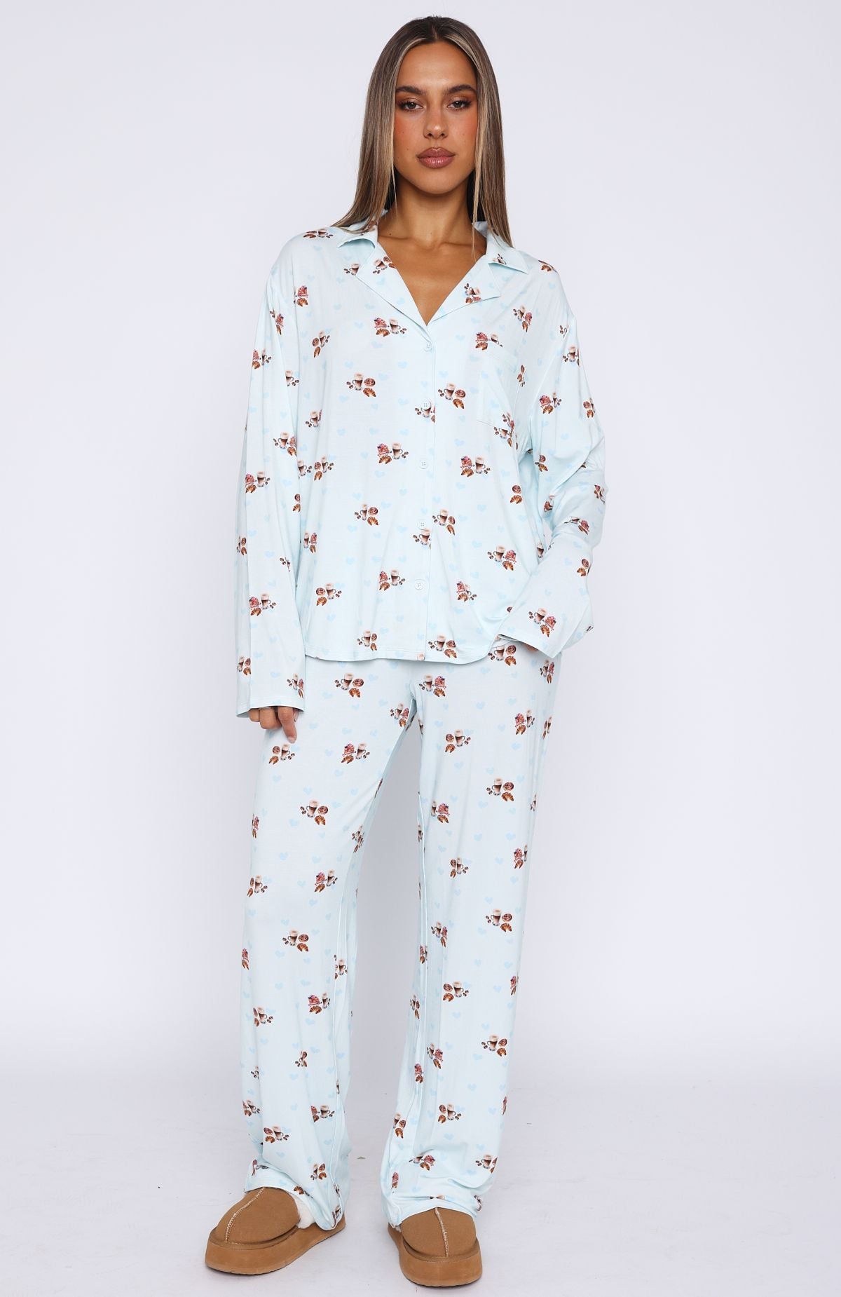 White Fox Pillow Talk Printed Long Sleeve Pyjama Set Blueberry Breakfast