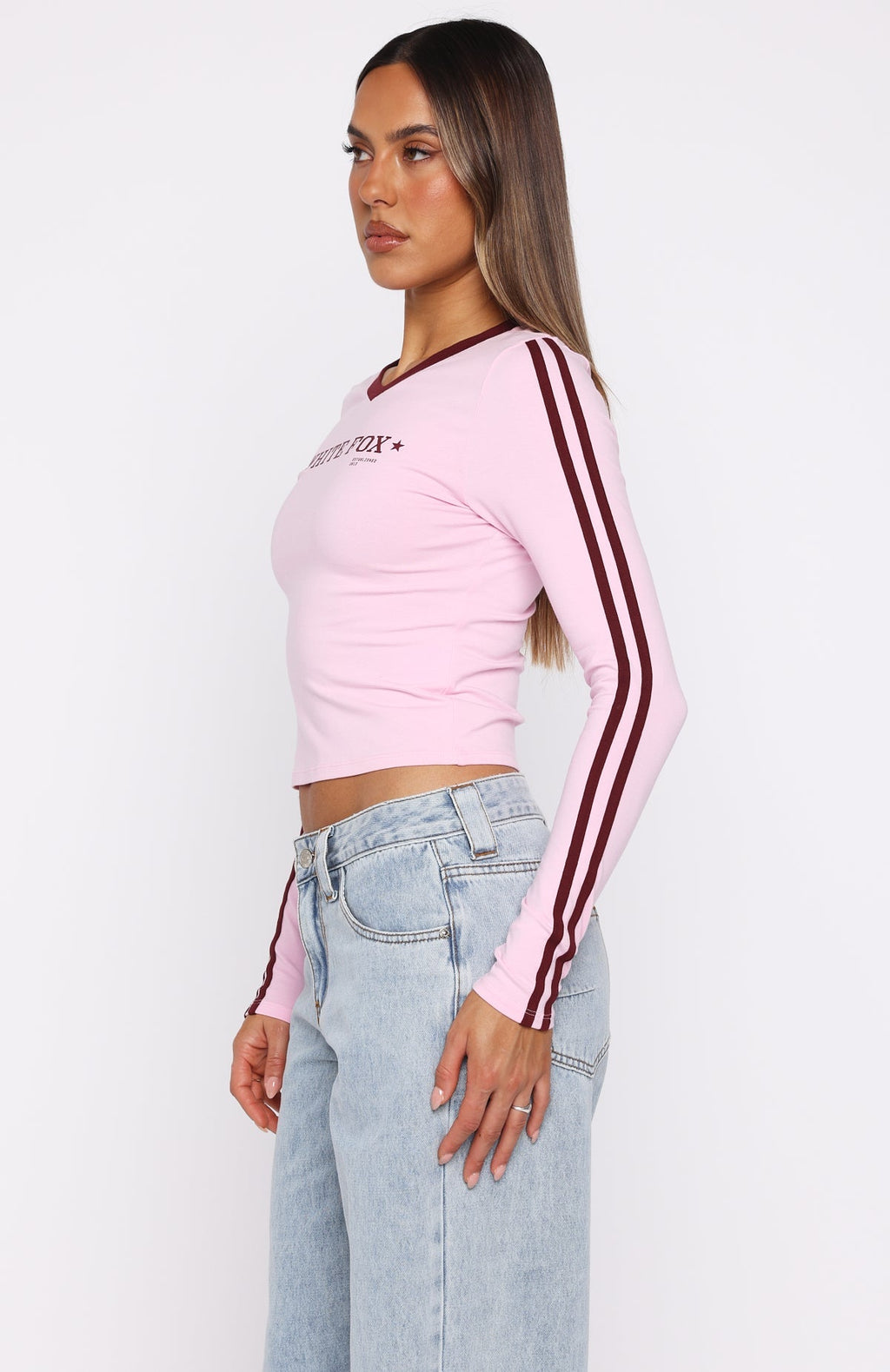 White Fox Star Of The Night Long Sleeve V Neck Baby Tee Pink