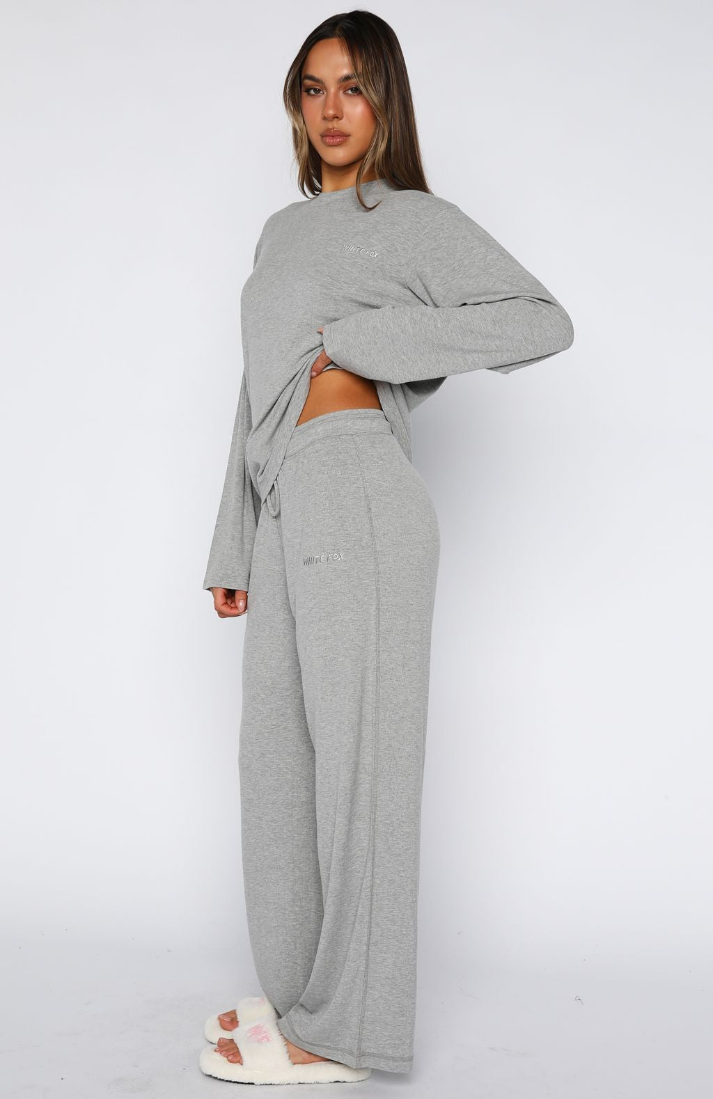White Fox Come A Long Way Soft Lounge Ribbed Wide Leg Pants Grey Marle