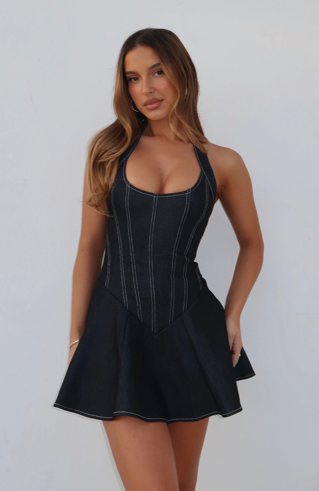 White Fox Looking At Me Halter Mini Dress Dark Indigo