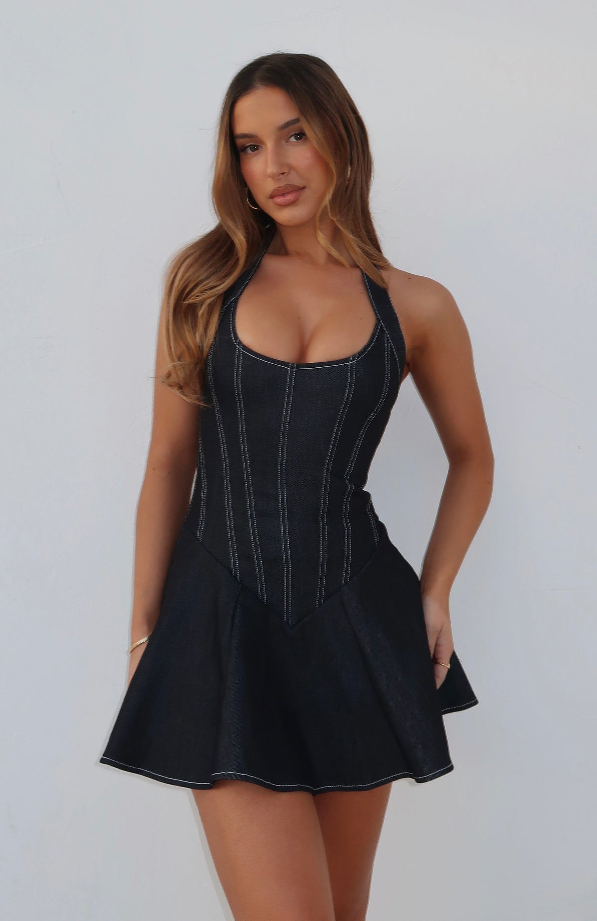 White Fox Looking At Me Halter Mini Dress Dark Indigo