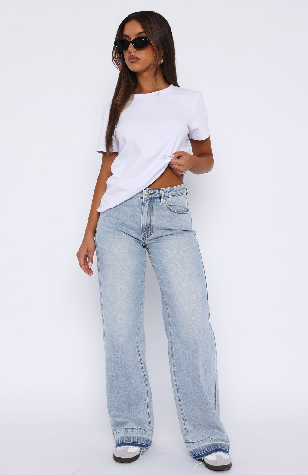 White Fox I Don't Need You Mid Rise Wide Leg Jeans Light Blue Wash