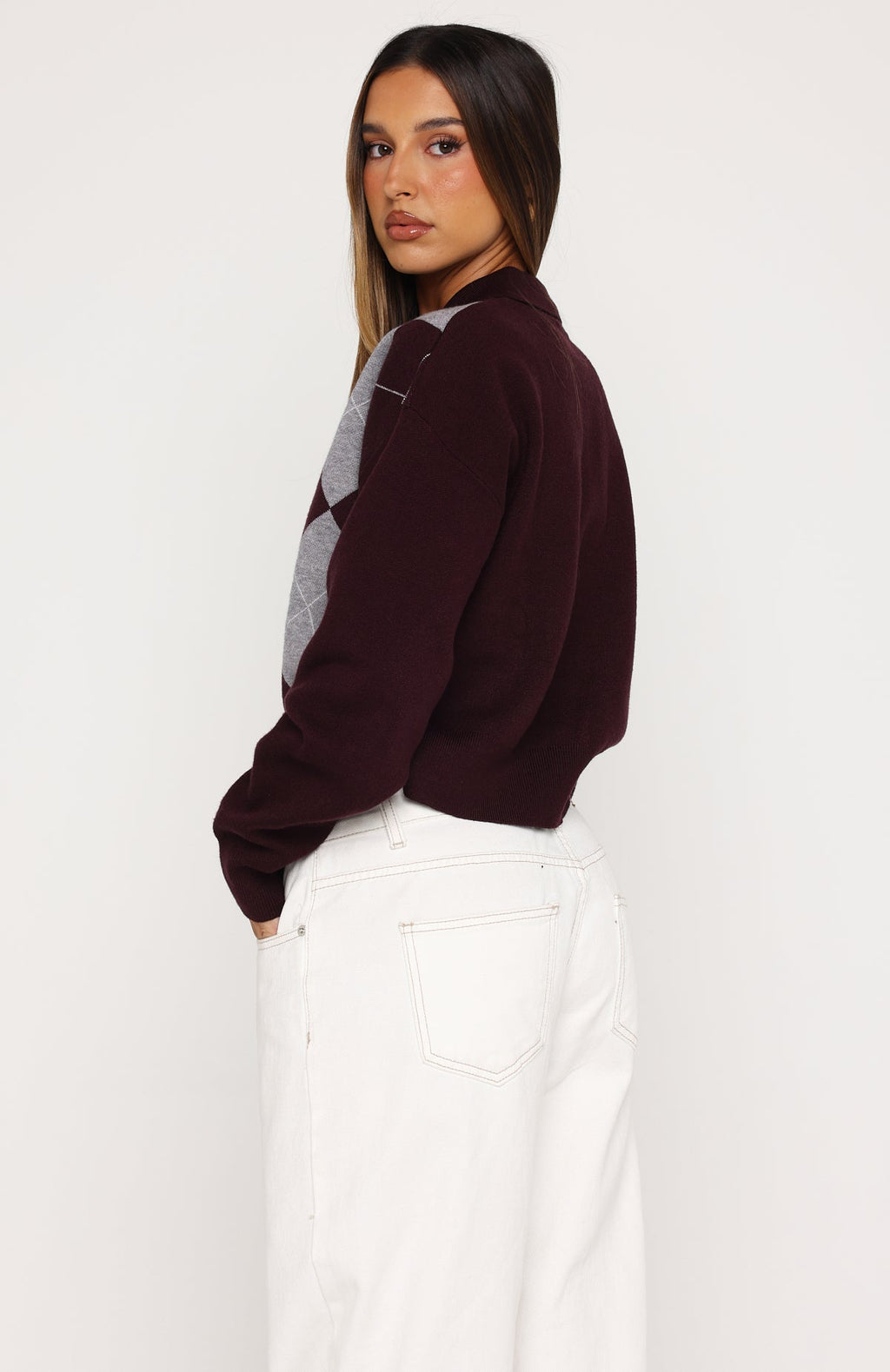 White Fox Cinzia Argyle Knit Sweater Mulled Merlot