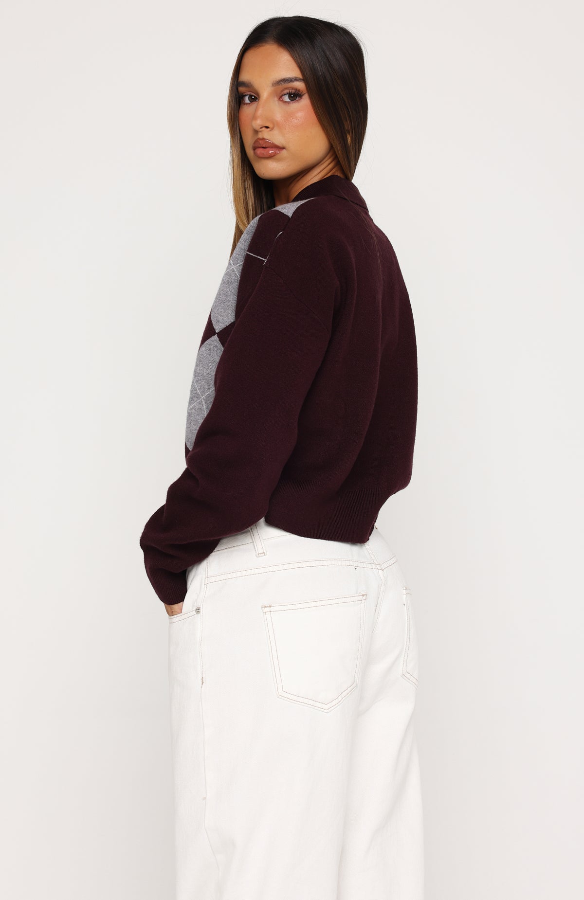 White Fox Cinzia Argyle Knit Sweater Mulled Merlot
