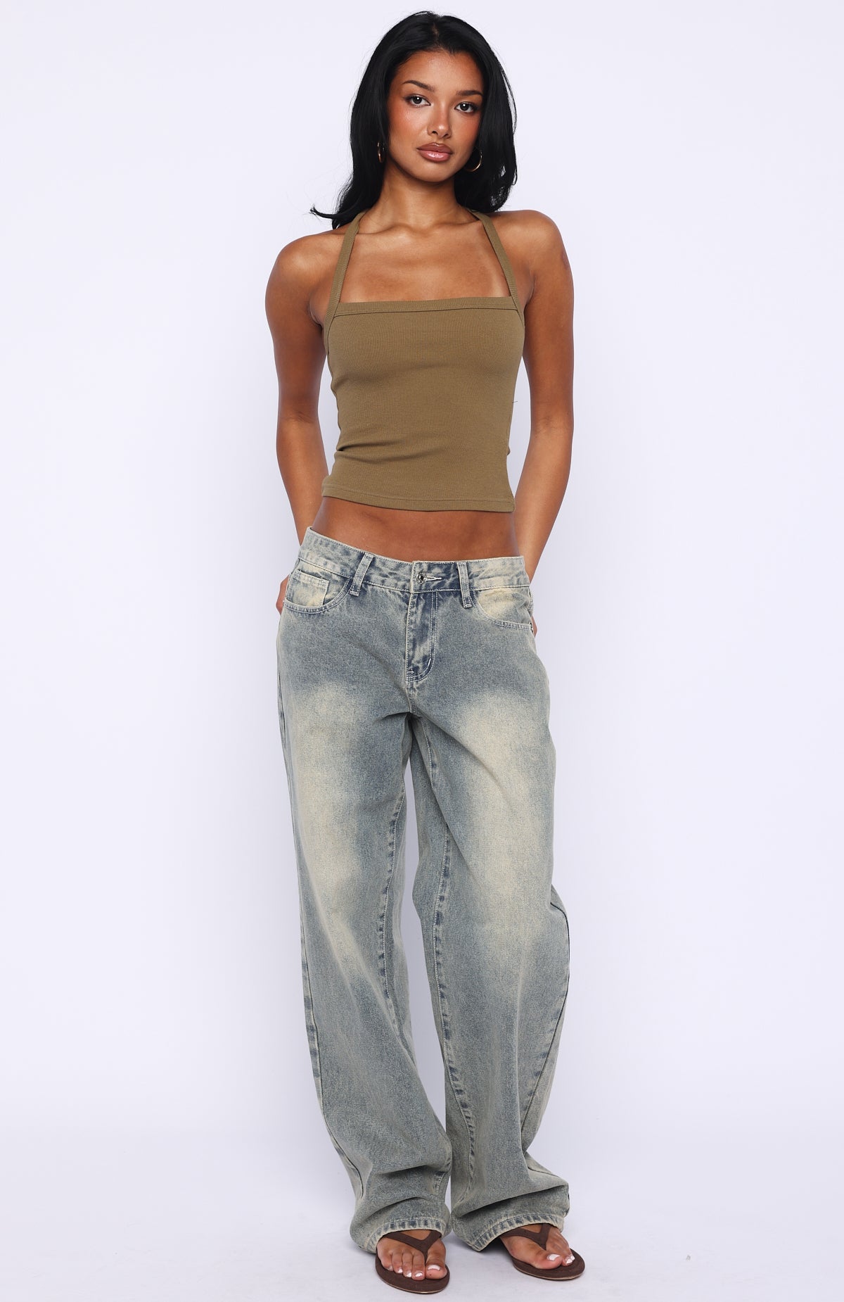 White Fox A Minute Later Ribbed Top Olive
