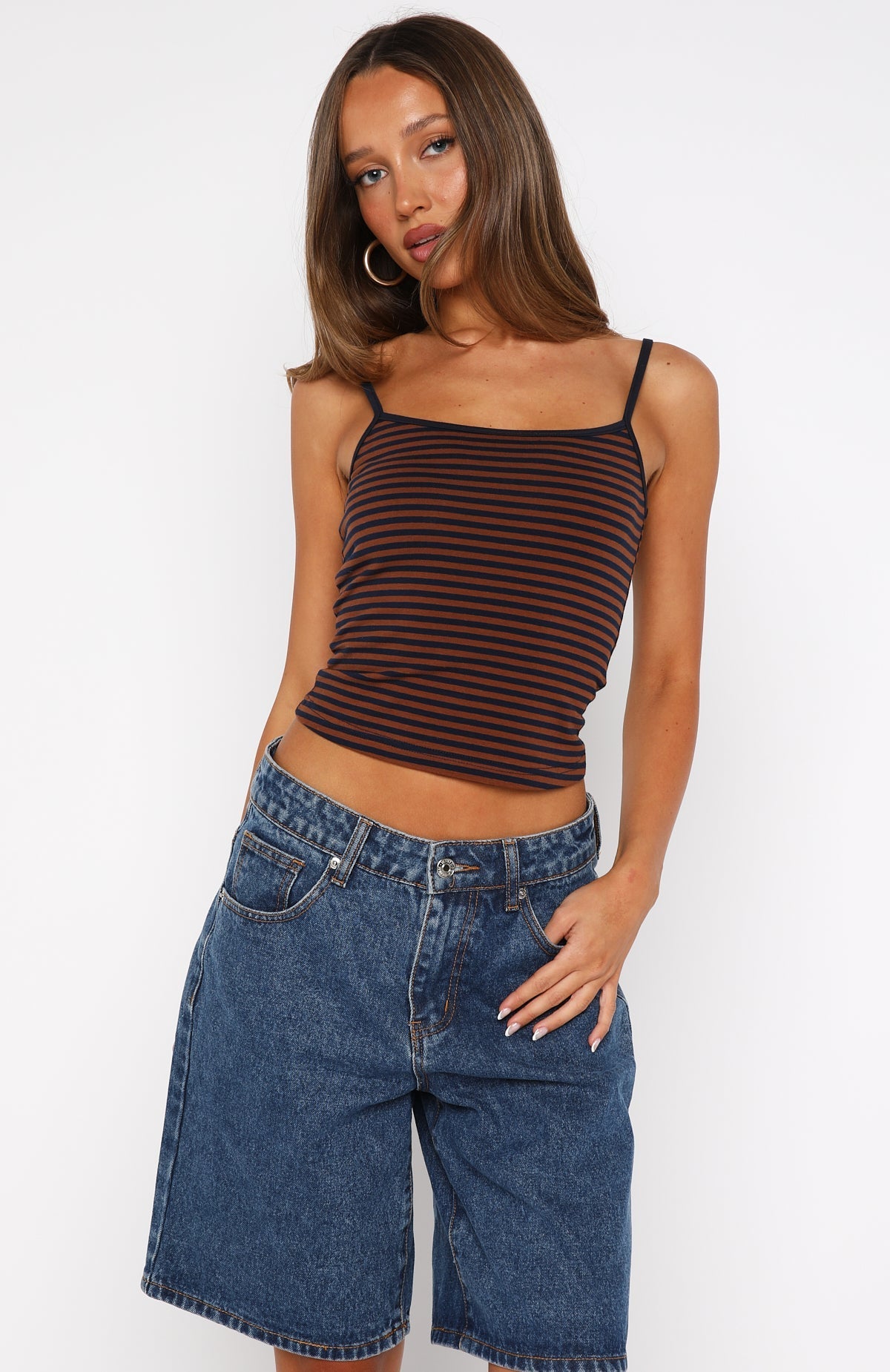 White Fox Just Let It Go Singlet Navy/Tan Stripe
