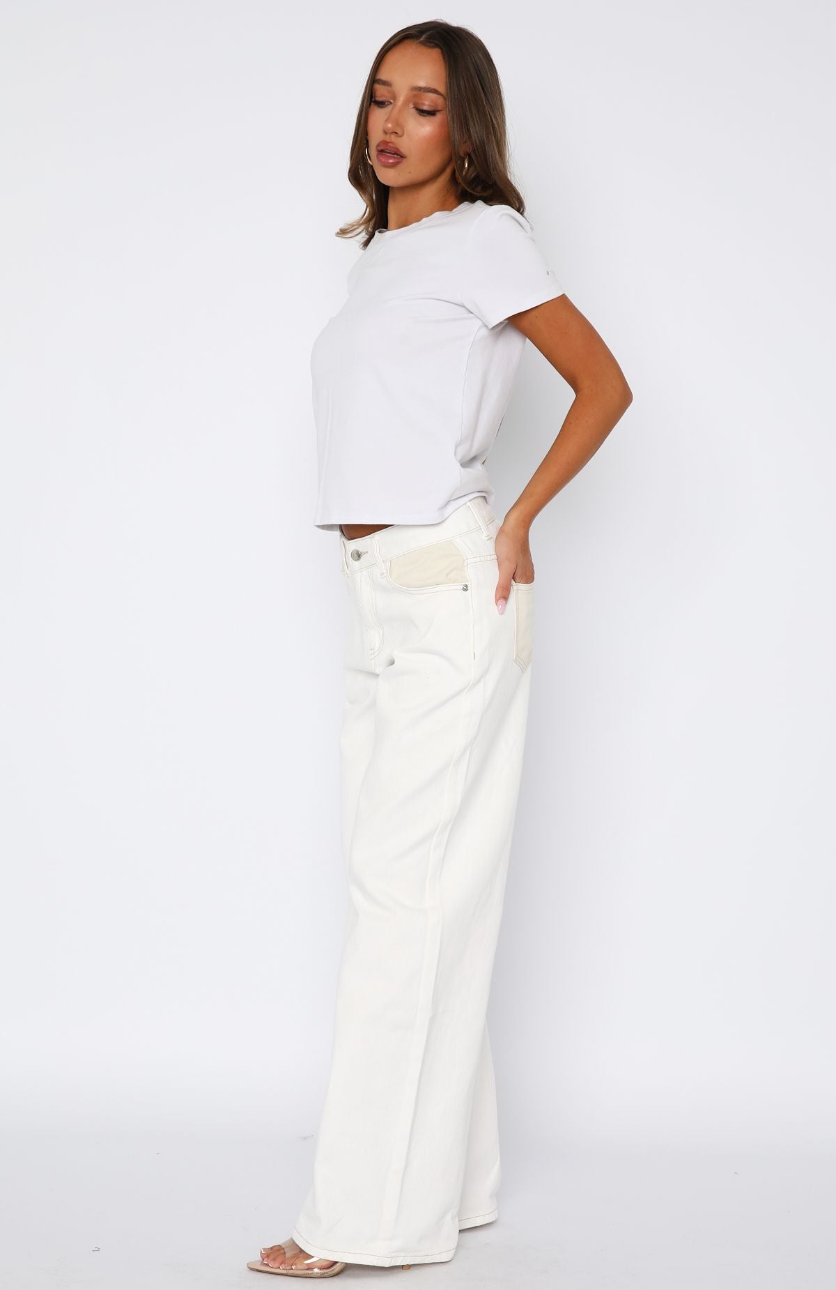 White Fox Amira Mid Rise Wide Leg Jeans White/Cream