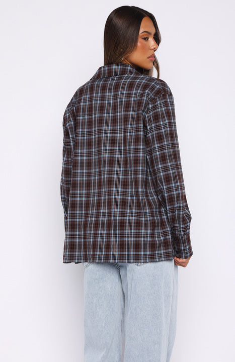 White Fox Might Be Time Button Up Shirt Blue/Chocolate