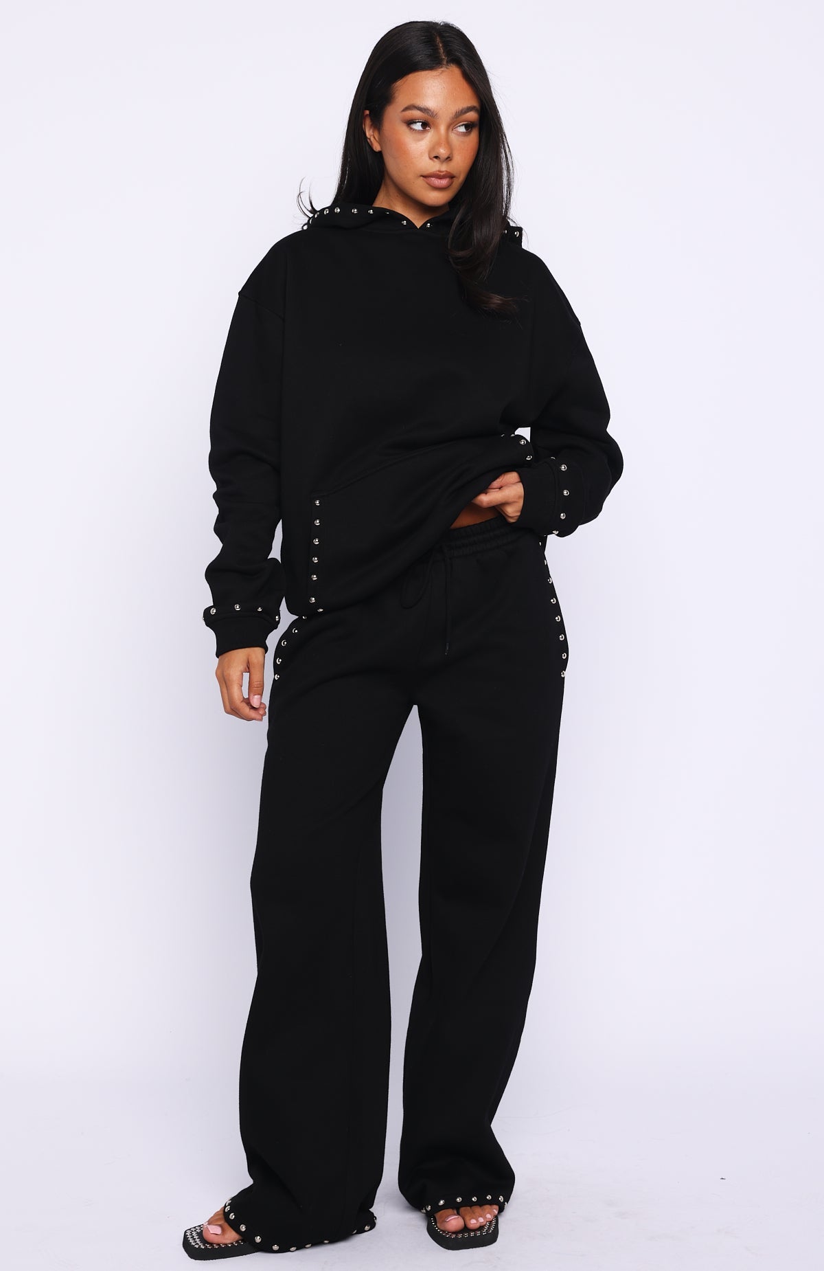 White Fox Glow Your Own Way Studded Wide Leg Sweatpants Black