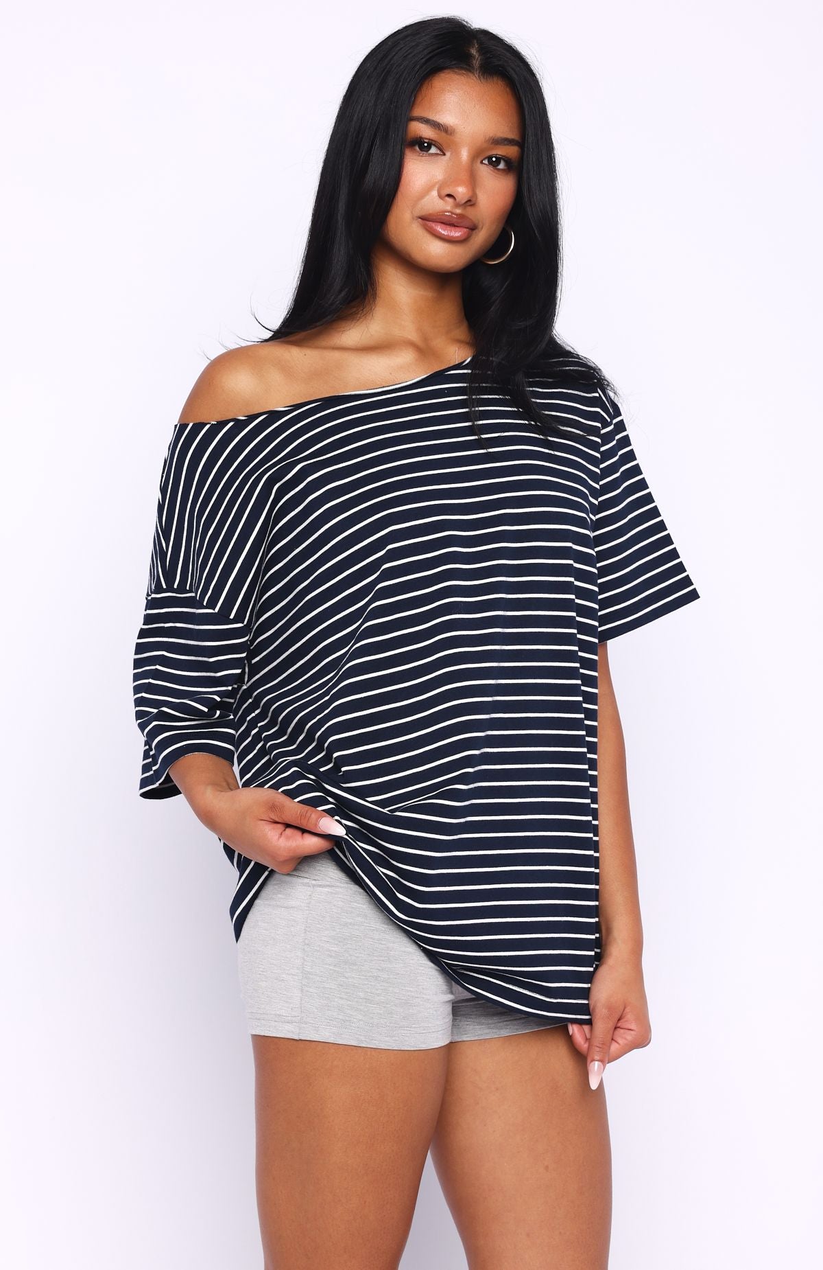 White Fox Give Me Options Off Shoulder Tee Navy/White Stripe