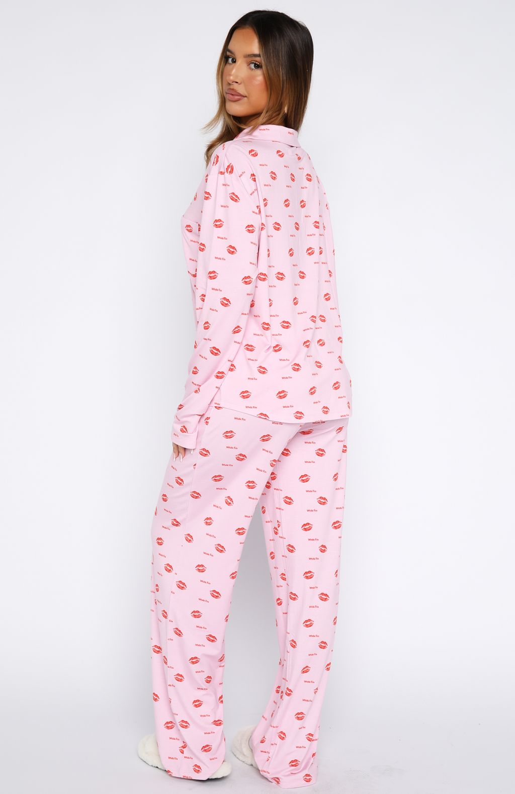 White Fox Pillow Talk Printed Long Sleeve Pyjama Set Strawberry Kisses