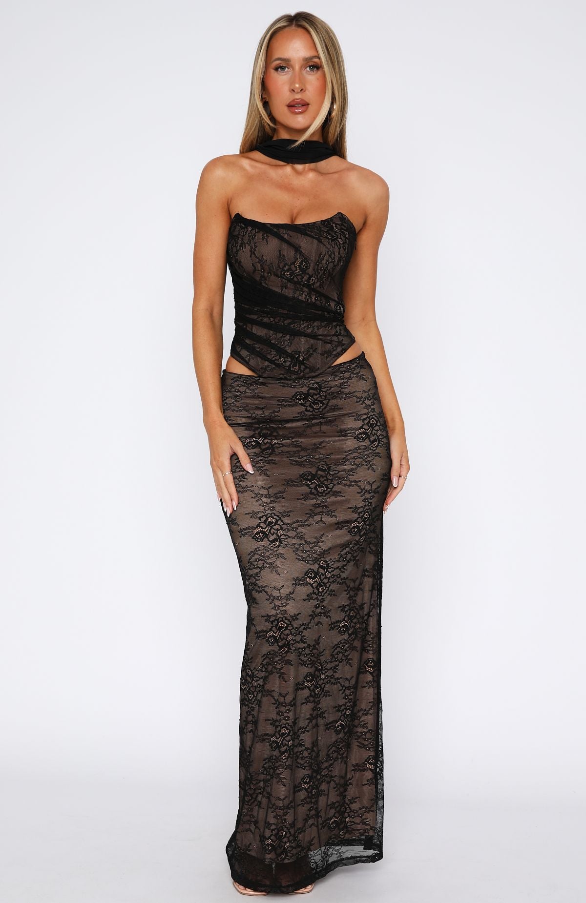 White Fox Forever After Lace Maxi Skirt Black