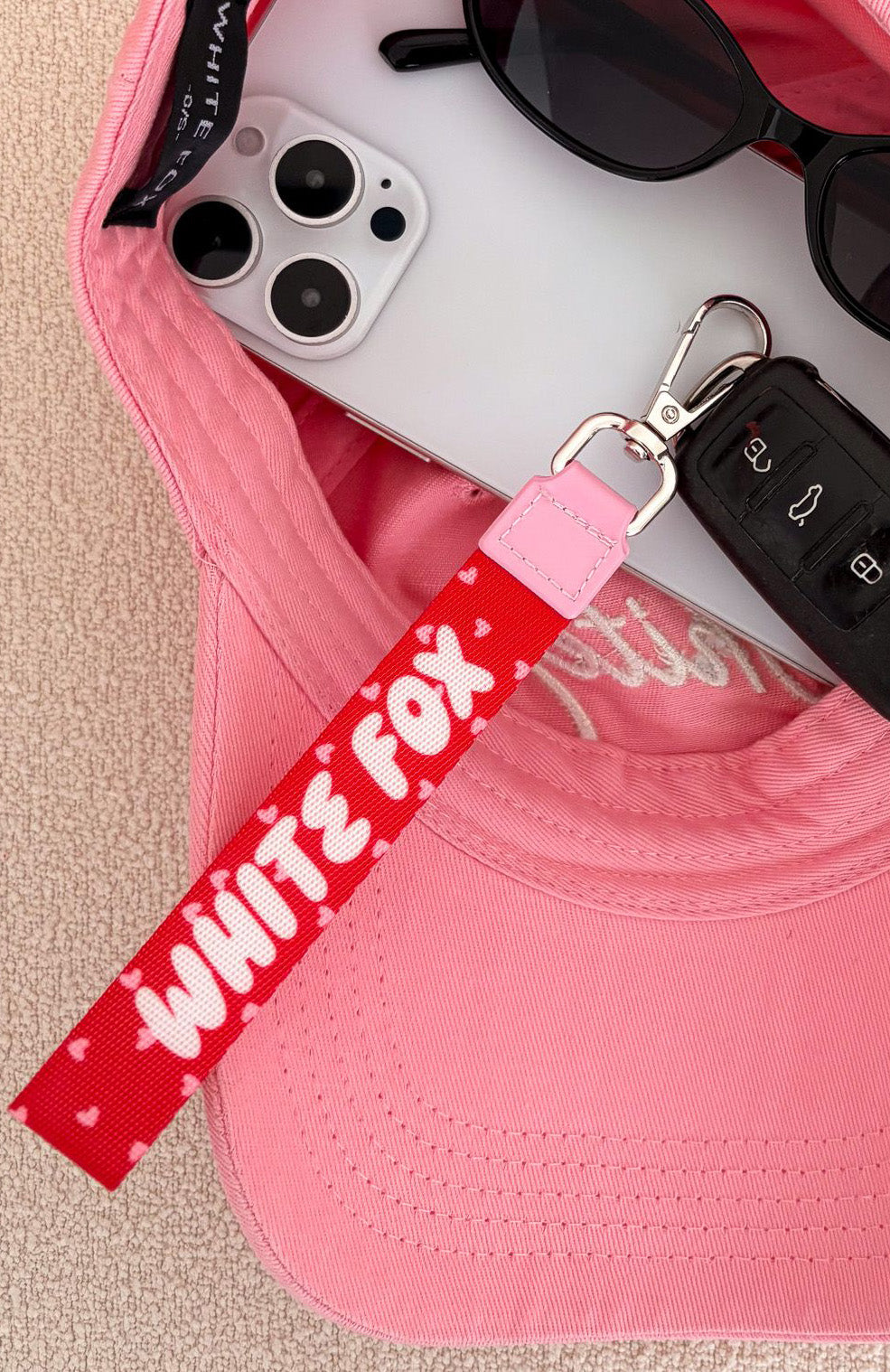 White Fox Standing Out Strap Keychain Red Hearts