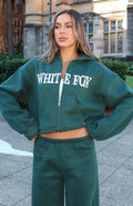 White Fox Brand New Start Boxy Zip Front Hoodie Forest Green