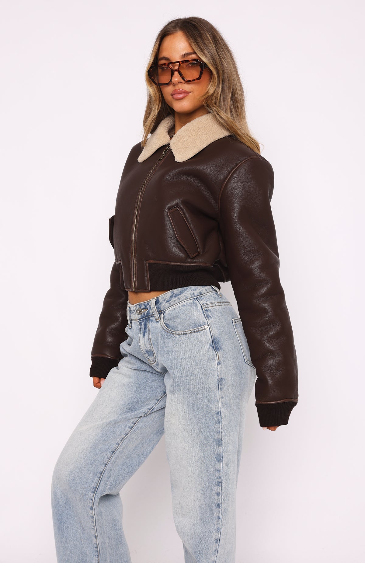 White Fox For The People PU Bomber Jacket Chocolate