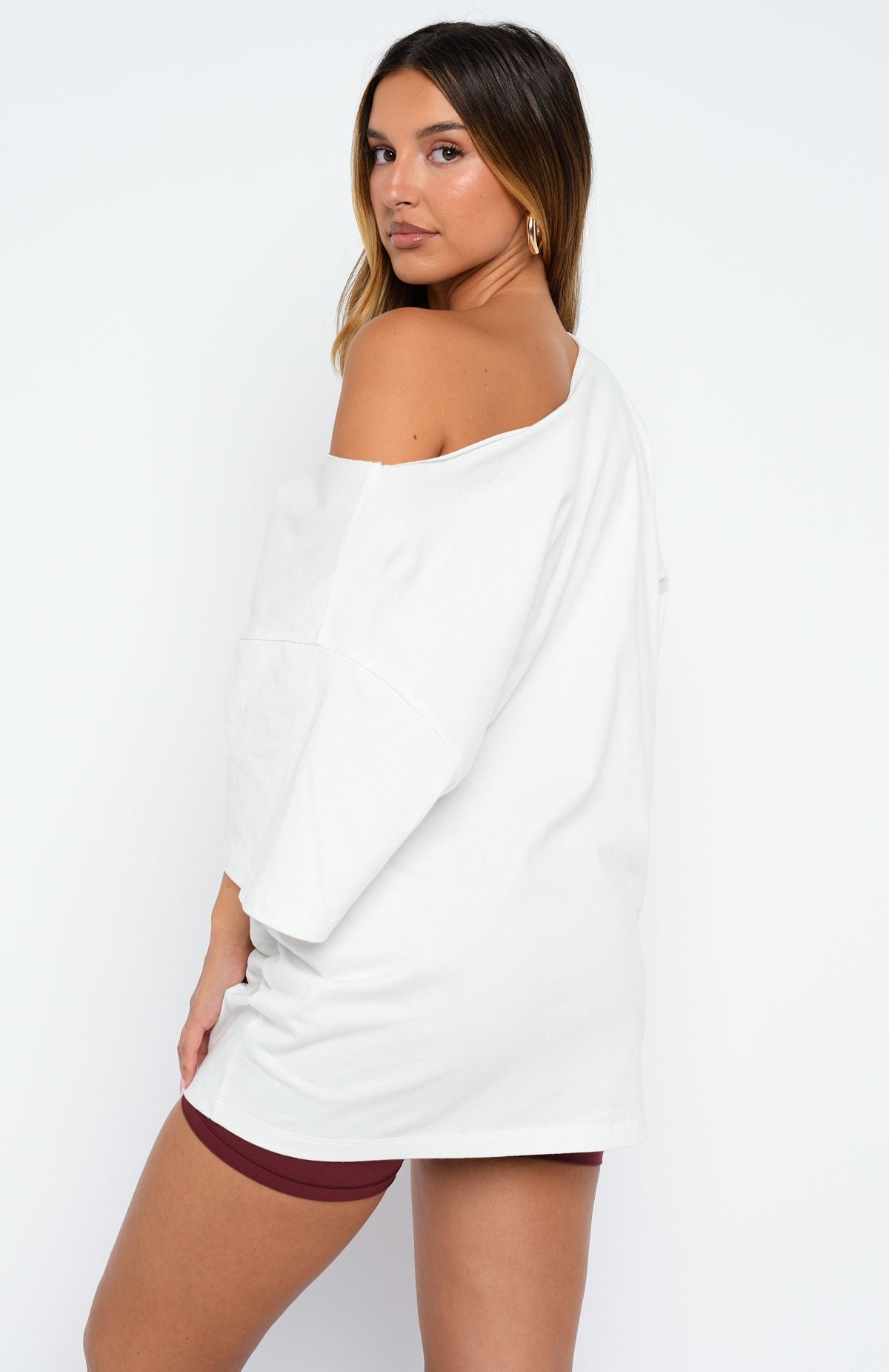 White Fox Everything In Time Off Shoulder Oversized Tee White