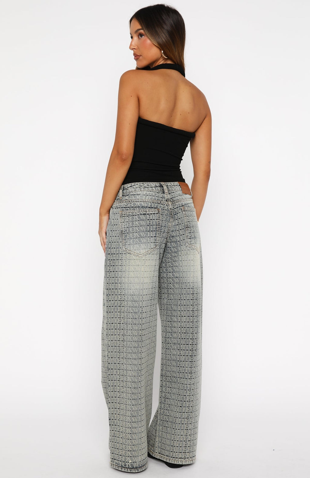 White Fox Text Me Low Rise Wide Leg Jeans Sand