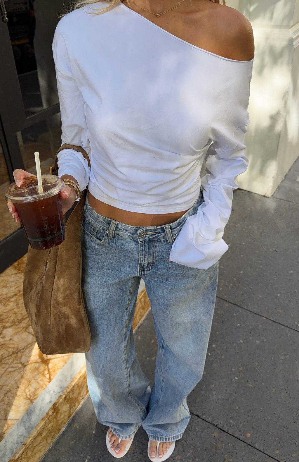 White Fox Falling For Him Cinched Waist Off Shoulder Long Sleeve Top White