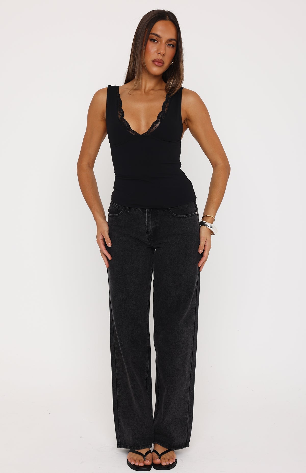 White Fox Key To My Heart Lace Trim Top Black
