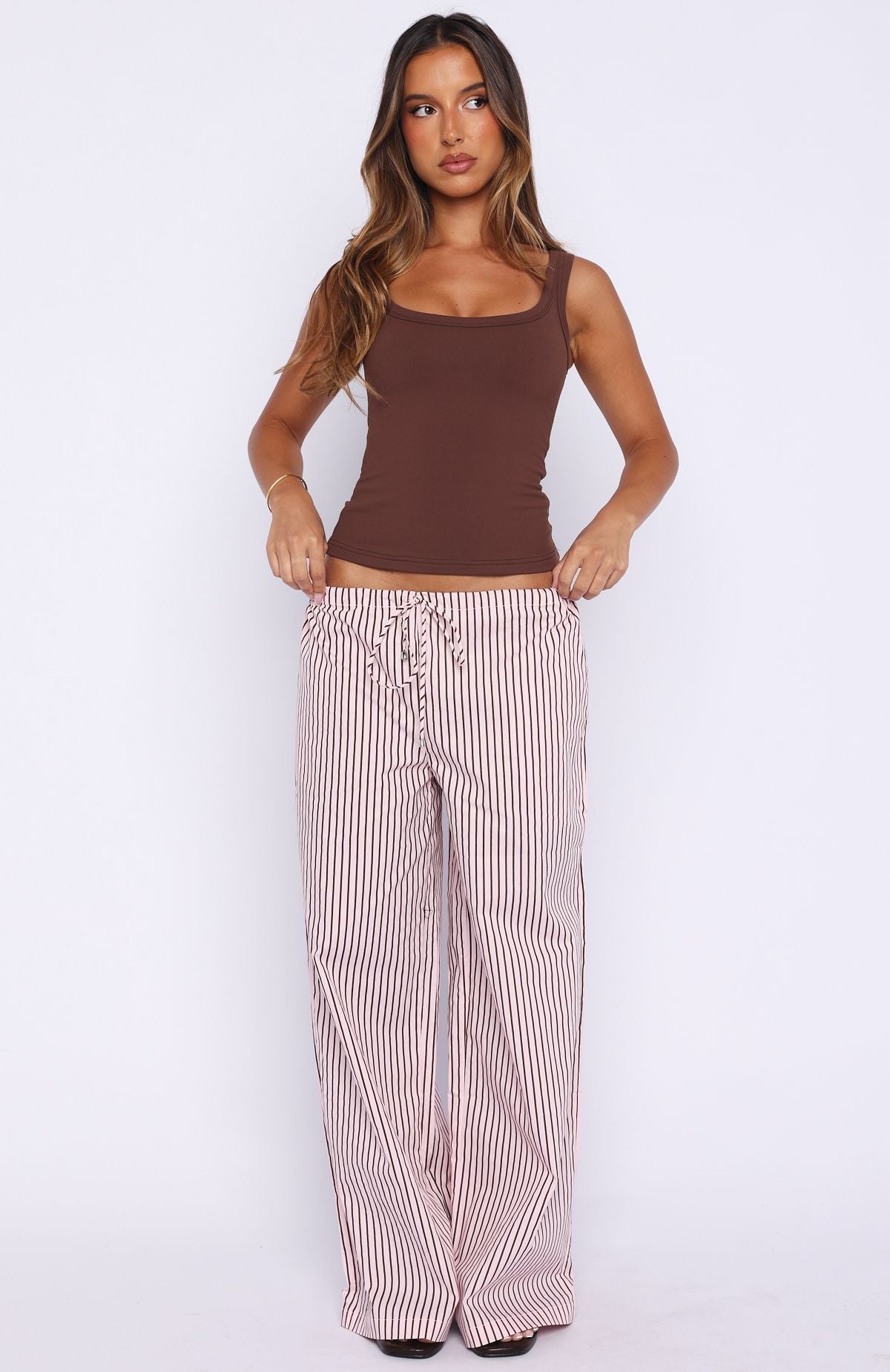 White Fox The Sweetest Love Drawstring Pants Pink/Chocolate Stripe