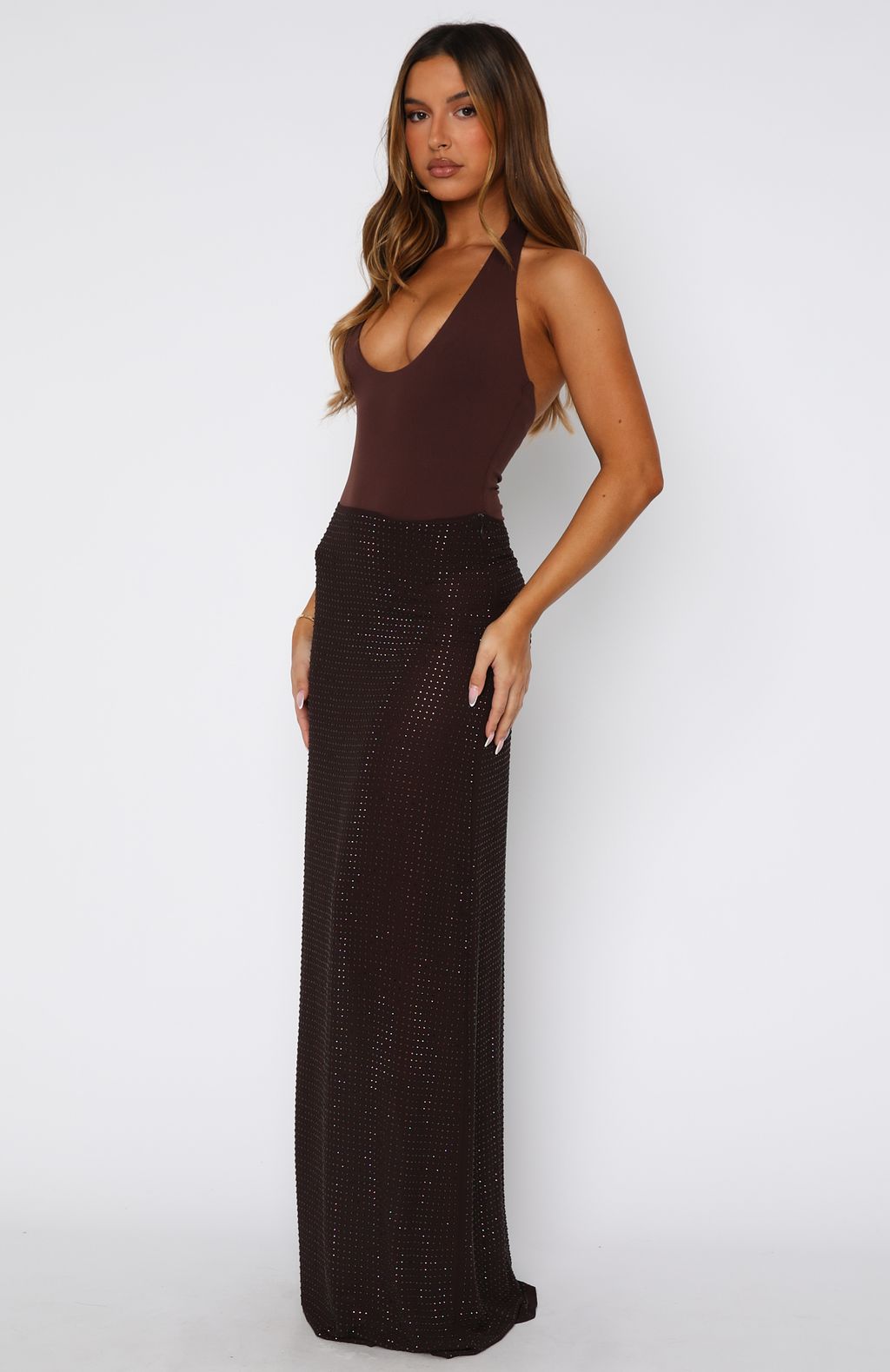 White Fox Prism Embellished Maxi Skirt Chocolate