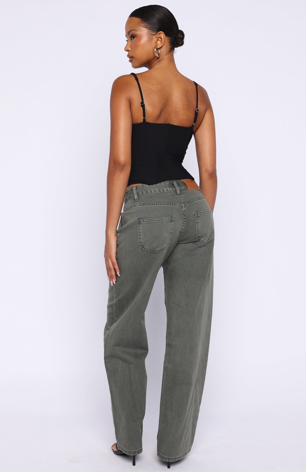 White Fox Bring The Style Low Rise Wide Leg Jeans Olive Wash