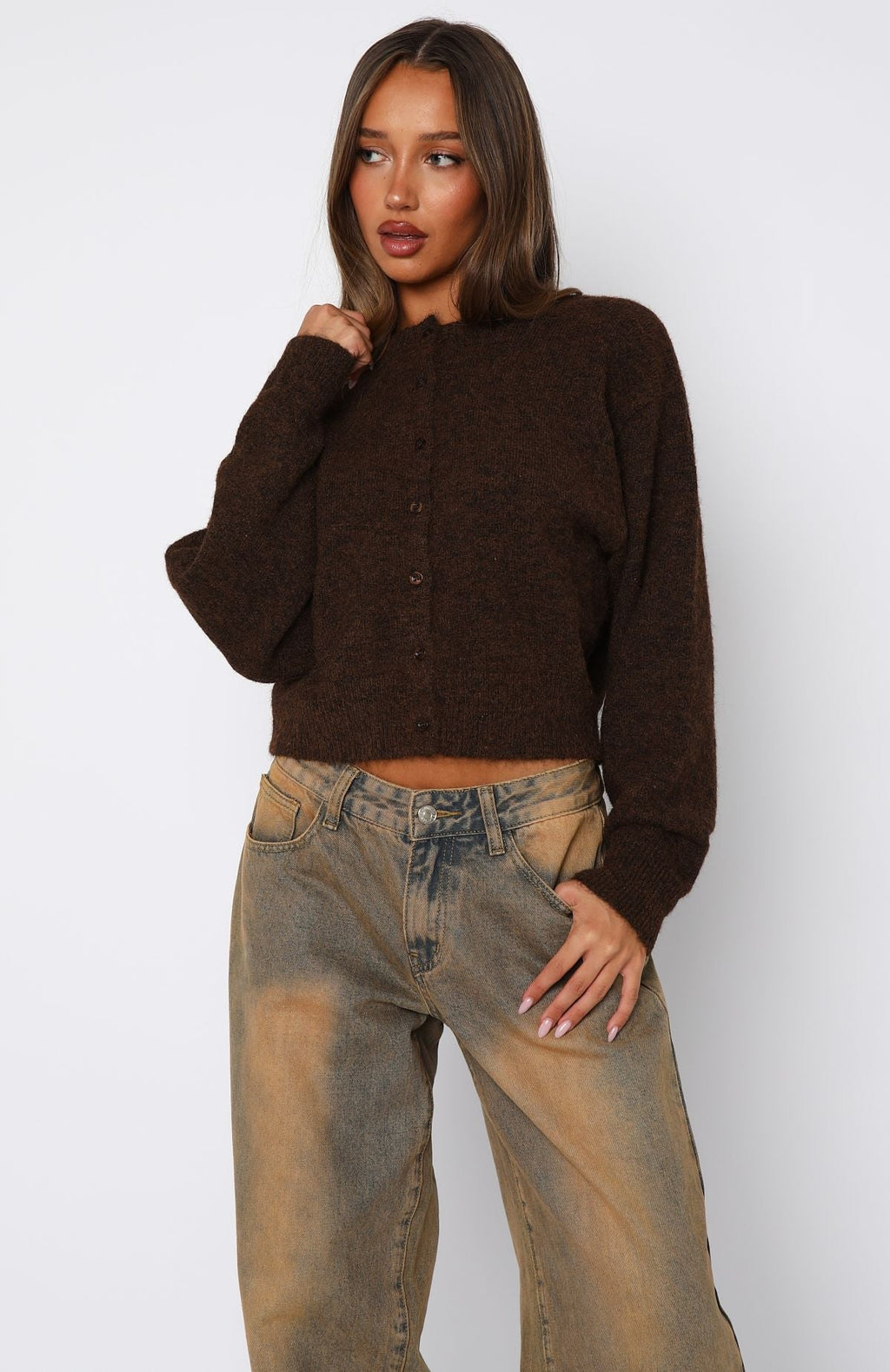 White Fox Warm Whispers Knit Cardigan Chocolate