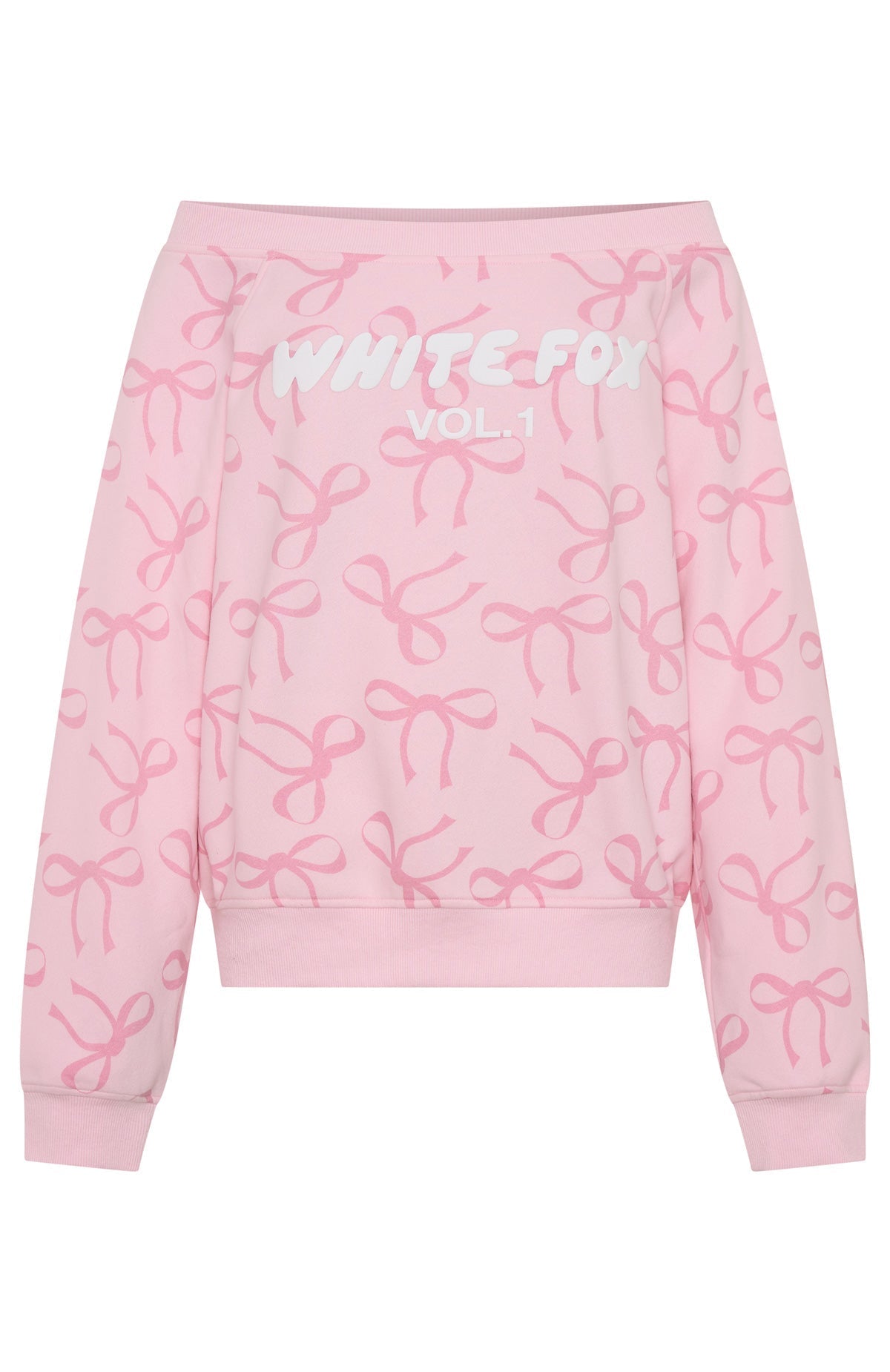 White Fox Vol. 1 Off Shoulder Printed Sweater Posy Bow