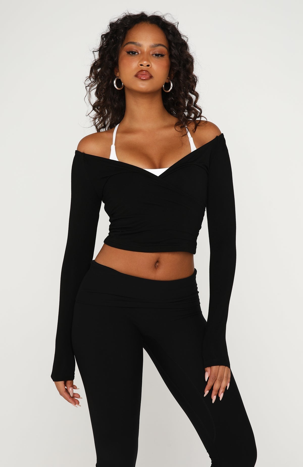 White Fox Power Princess Off Shoulder Long Sleeve Top Black