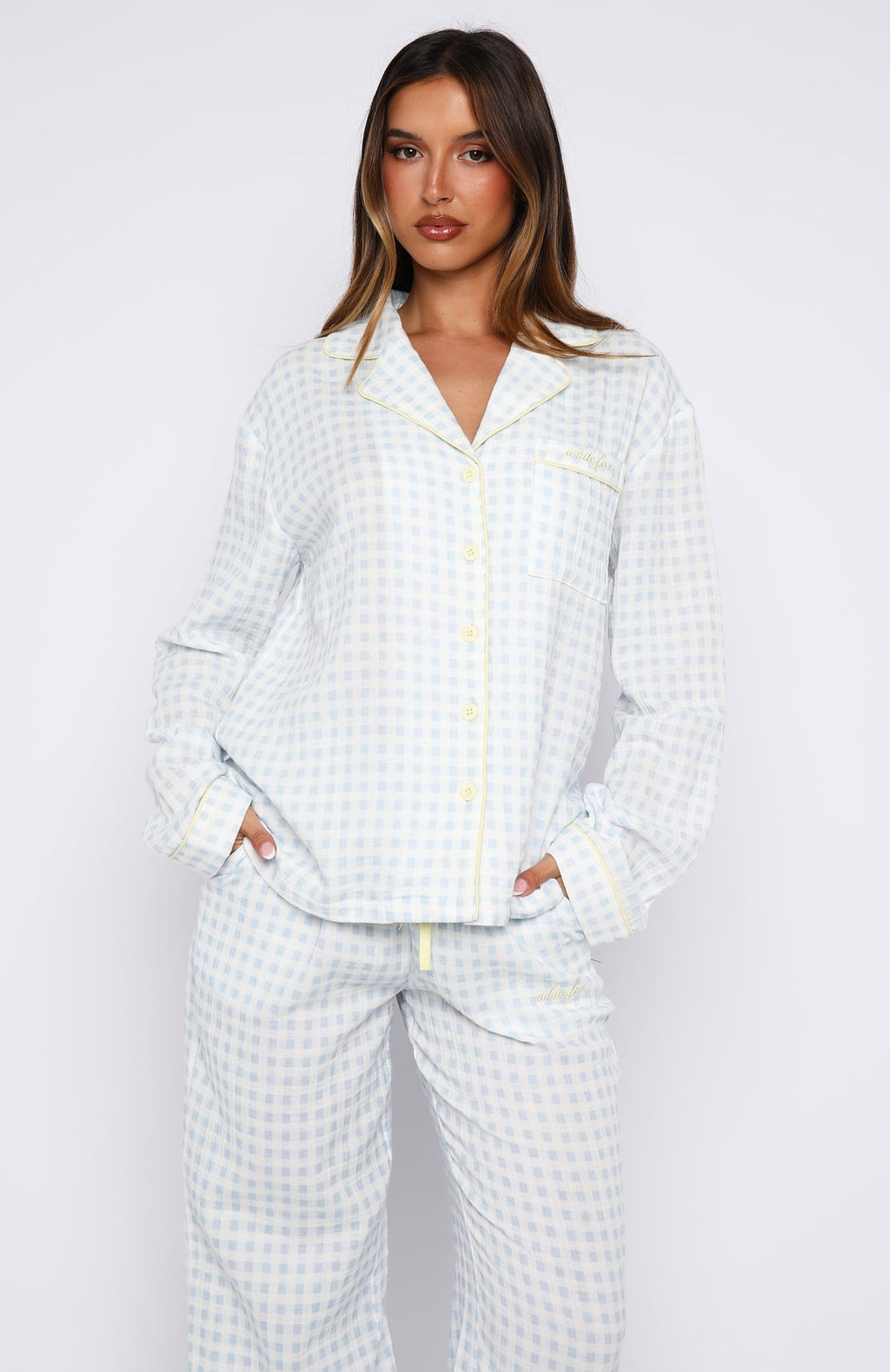 White Fox She's Got This Long Sleeve Pyjama Top Sky Blue Gingham