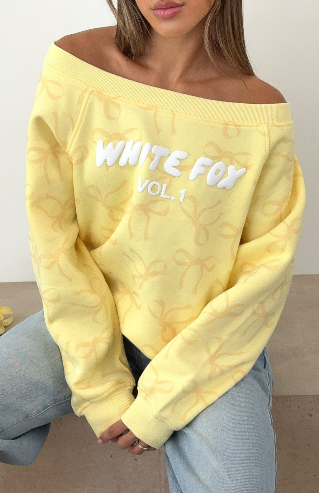 White Fox Vol. 1 Off Shoulder Printed Sweater Lemon Bow