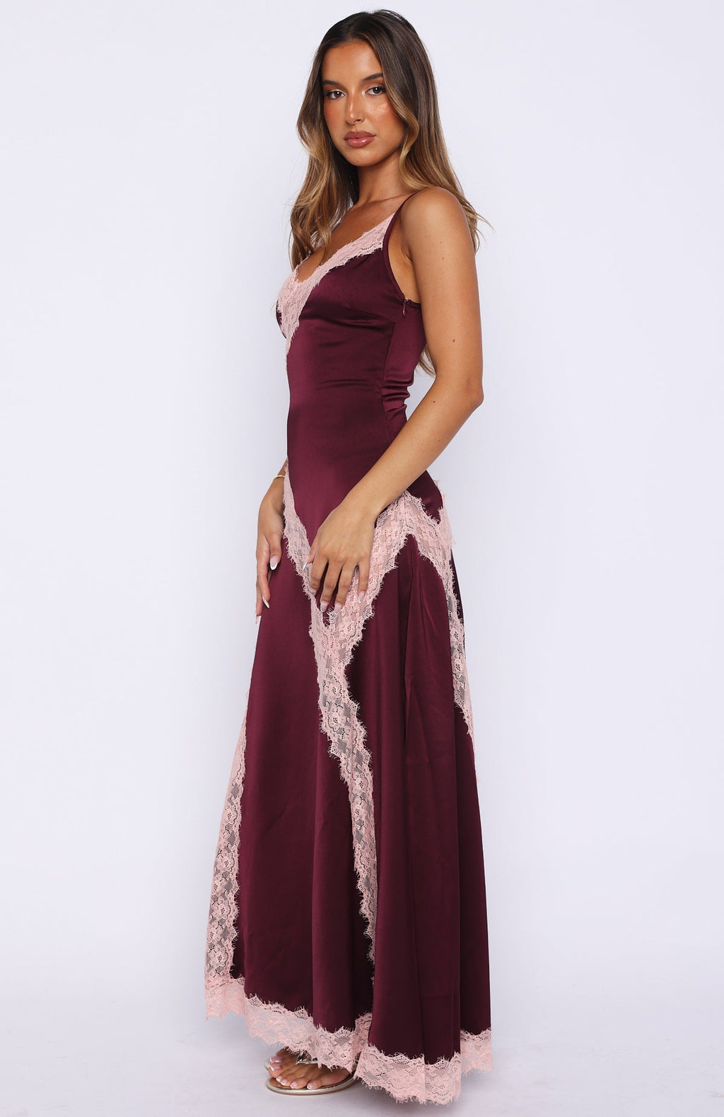 White Fox Powerful Pose Satin Maxi Dress Plum/Baby Pink