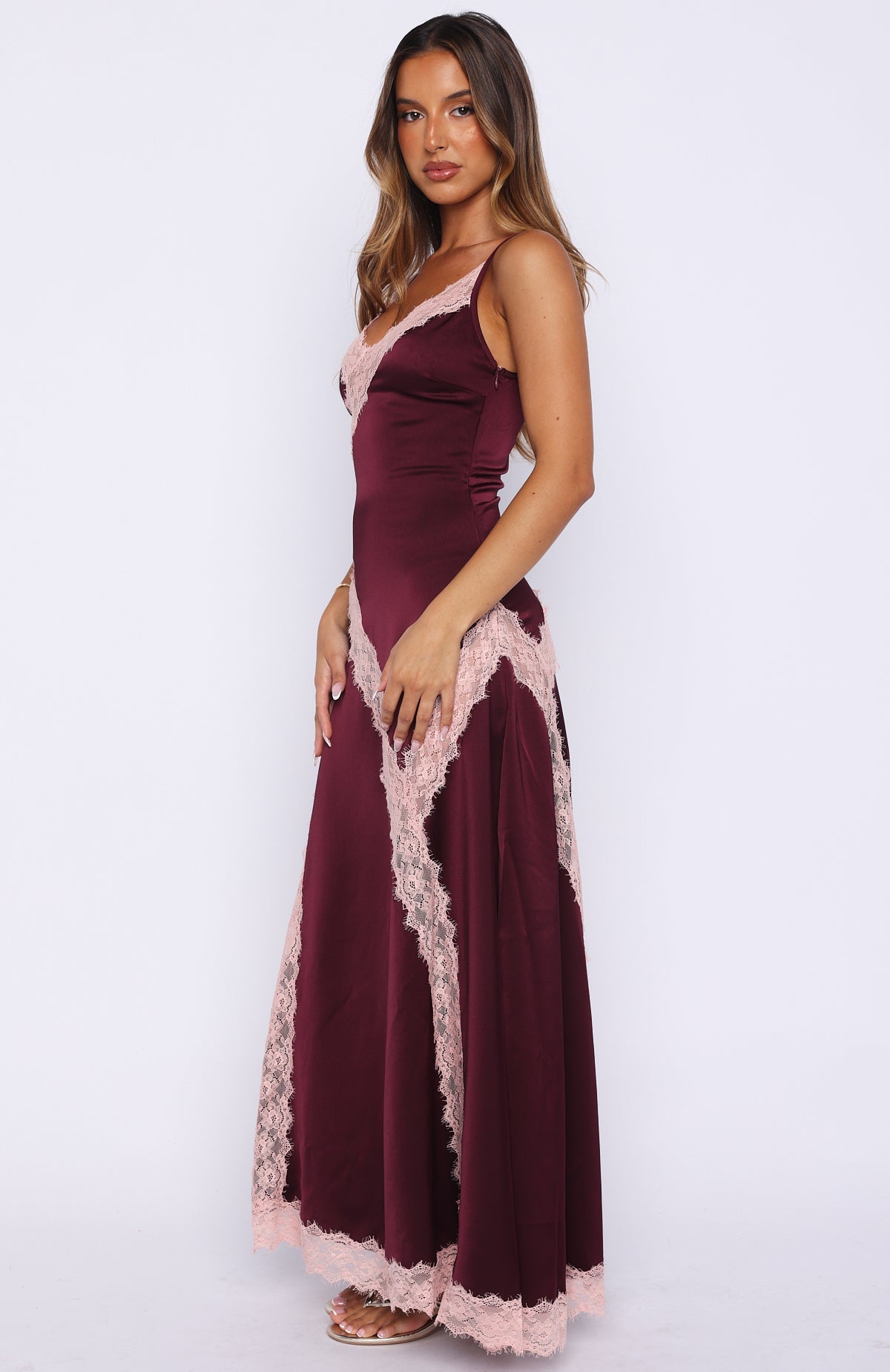 White Fox Powerful Pose Satin Maxi Dress Plum/Baby Pink