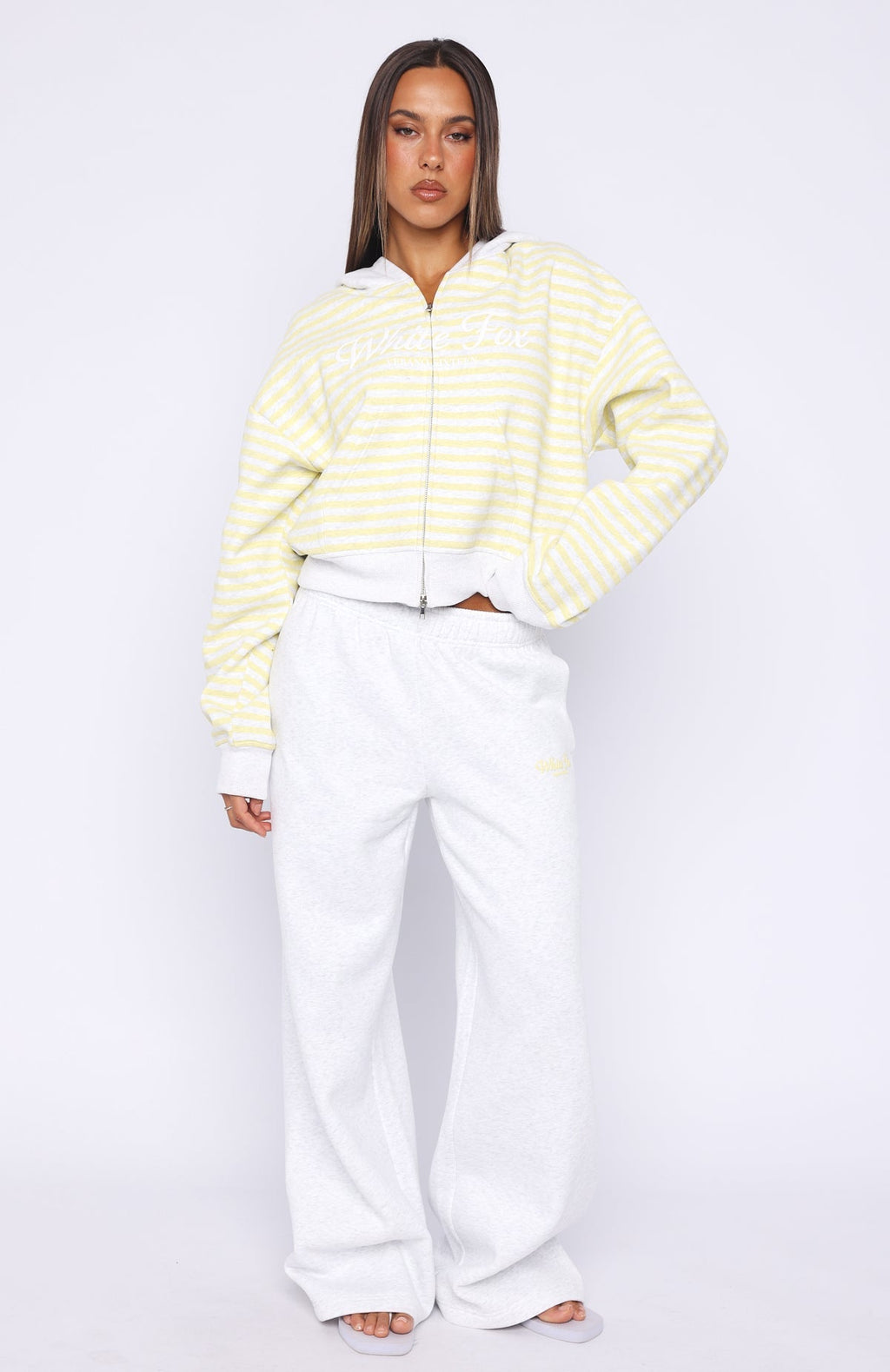 White Fox Verano Sixteen Maria Boxy Zip Front Hoodie Grey Marle/Lemon Stripe