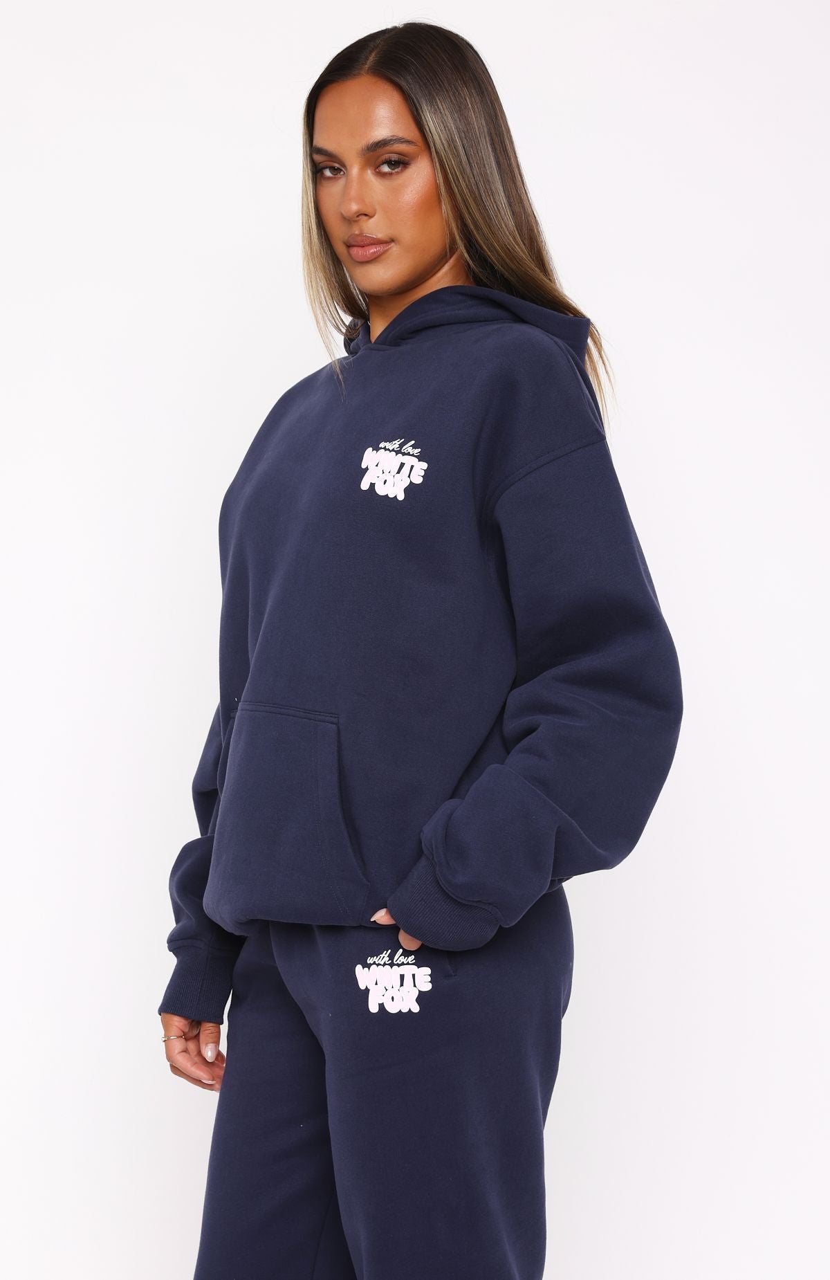 White Fox With Love Always Oversized Hoodie Navy
